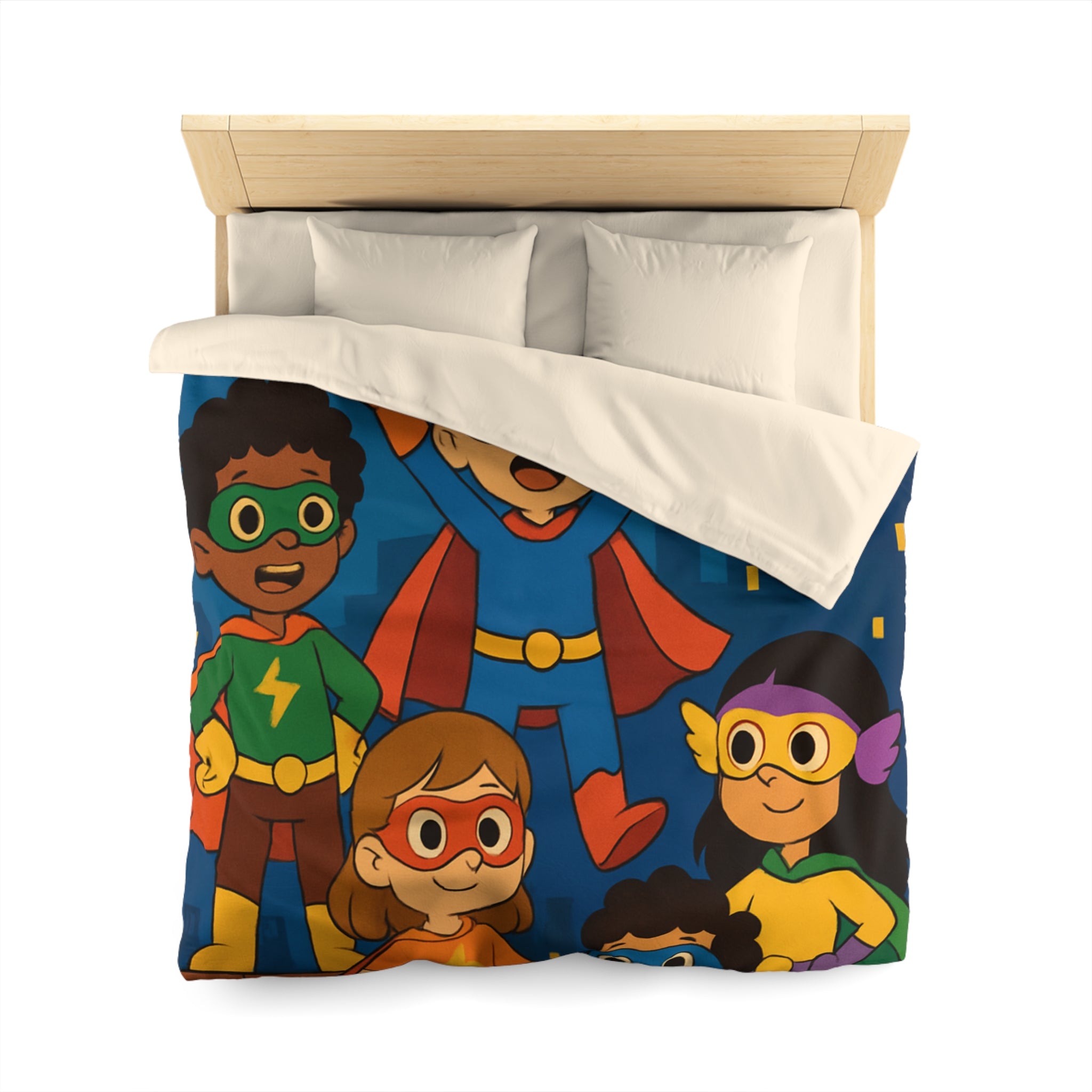 Super-héros Enfants Volant Nuit Ciel Étoilé Ville Amis Confiants Housse de Couette Colorée