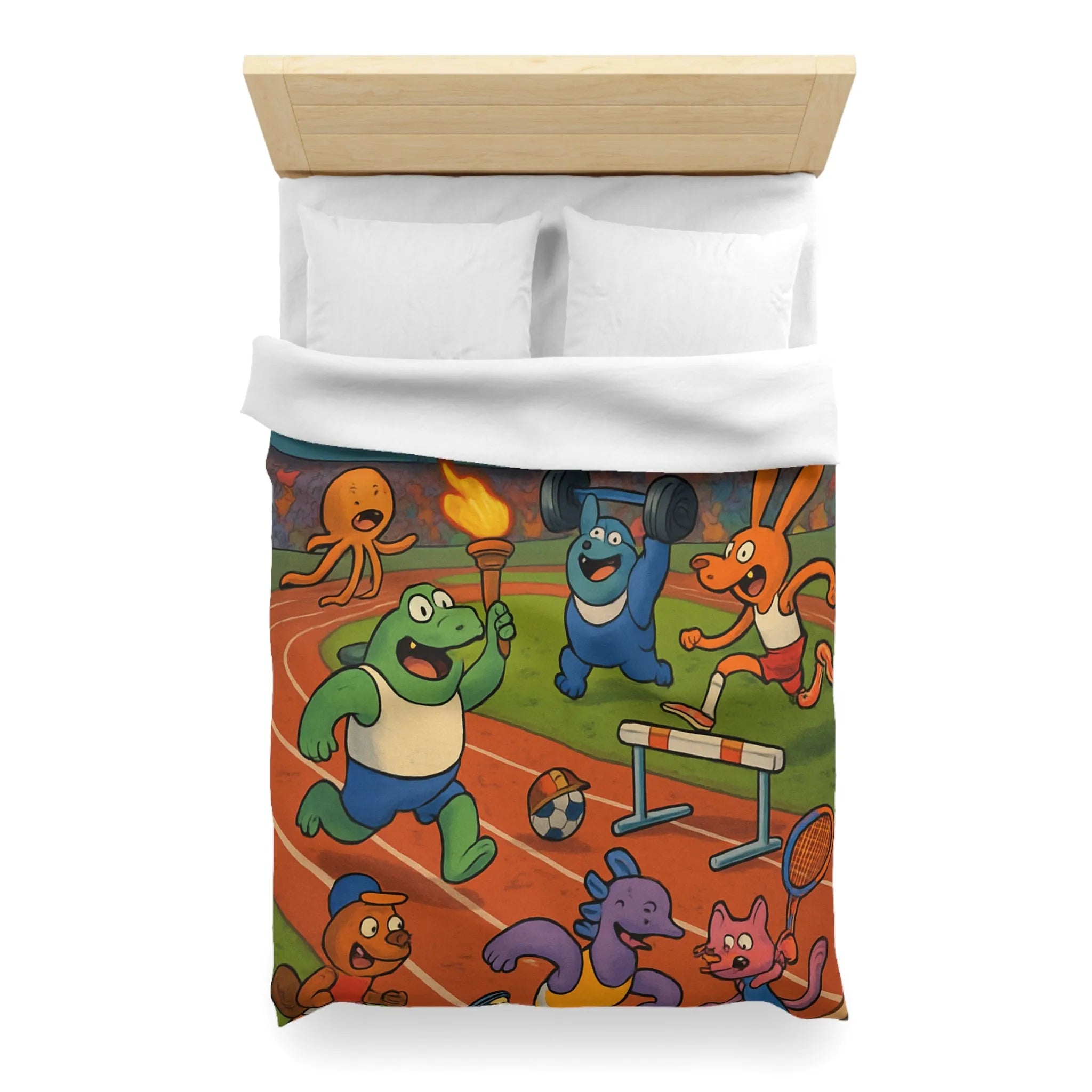 Housse de couette colorée avec animaux sportifs célébrant sous feux d'artifice nocturnes