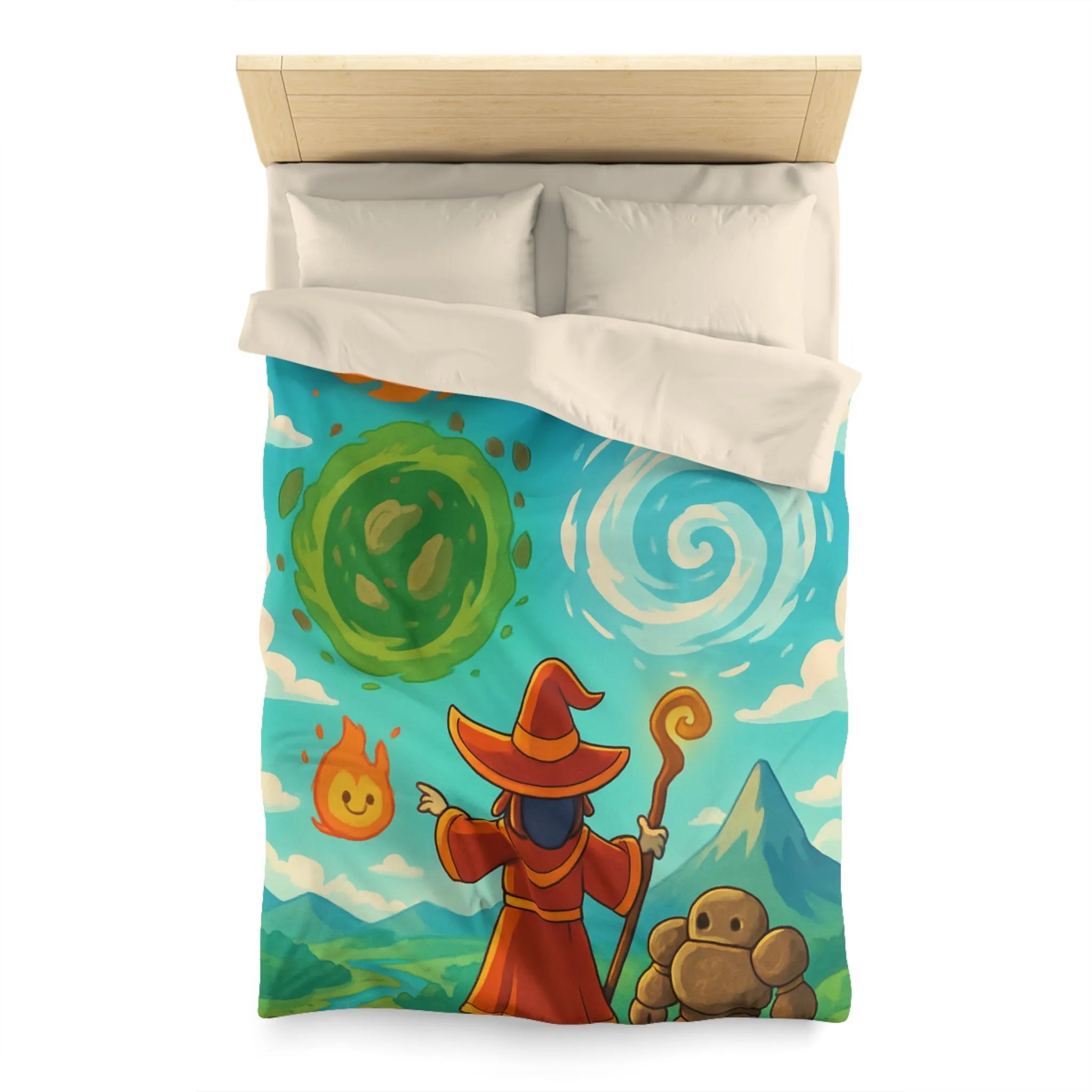 Housse de couette avec illustration magique de sorcier, élémentaires et paysage vibrant