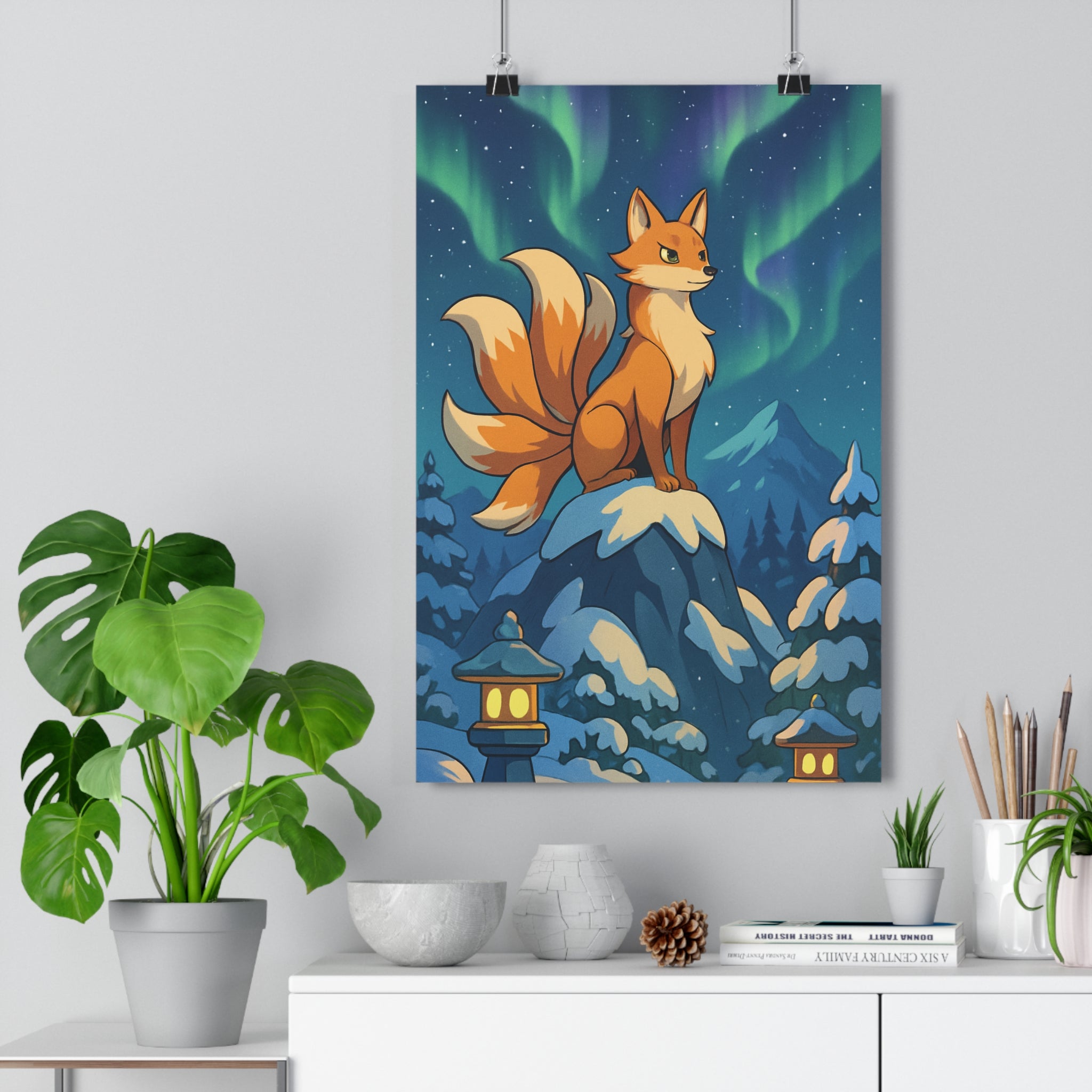 Poster décoratif anime renard neuf queues montagne neige mystique salon bureau 30x46 cm qualité