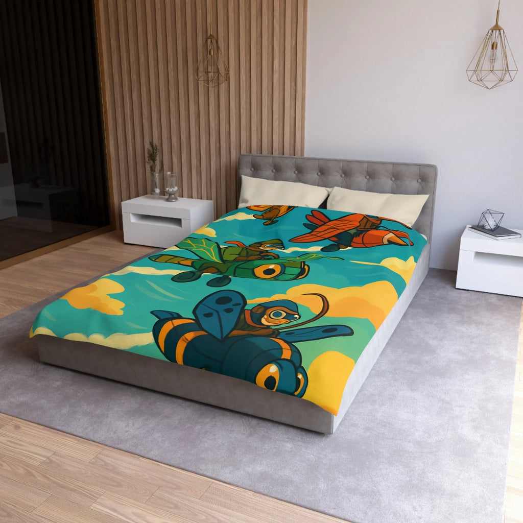 Housse de couette avec motif ludique d'avions insectes sur fond de ciel coloré