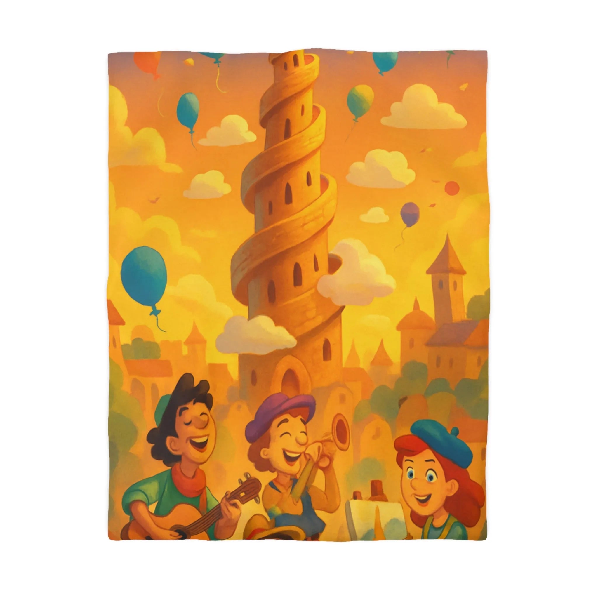 Housse de couette colorée imprimée d'une scène joyeuse avec tours et ballons pastel