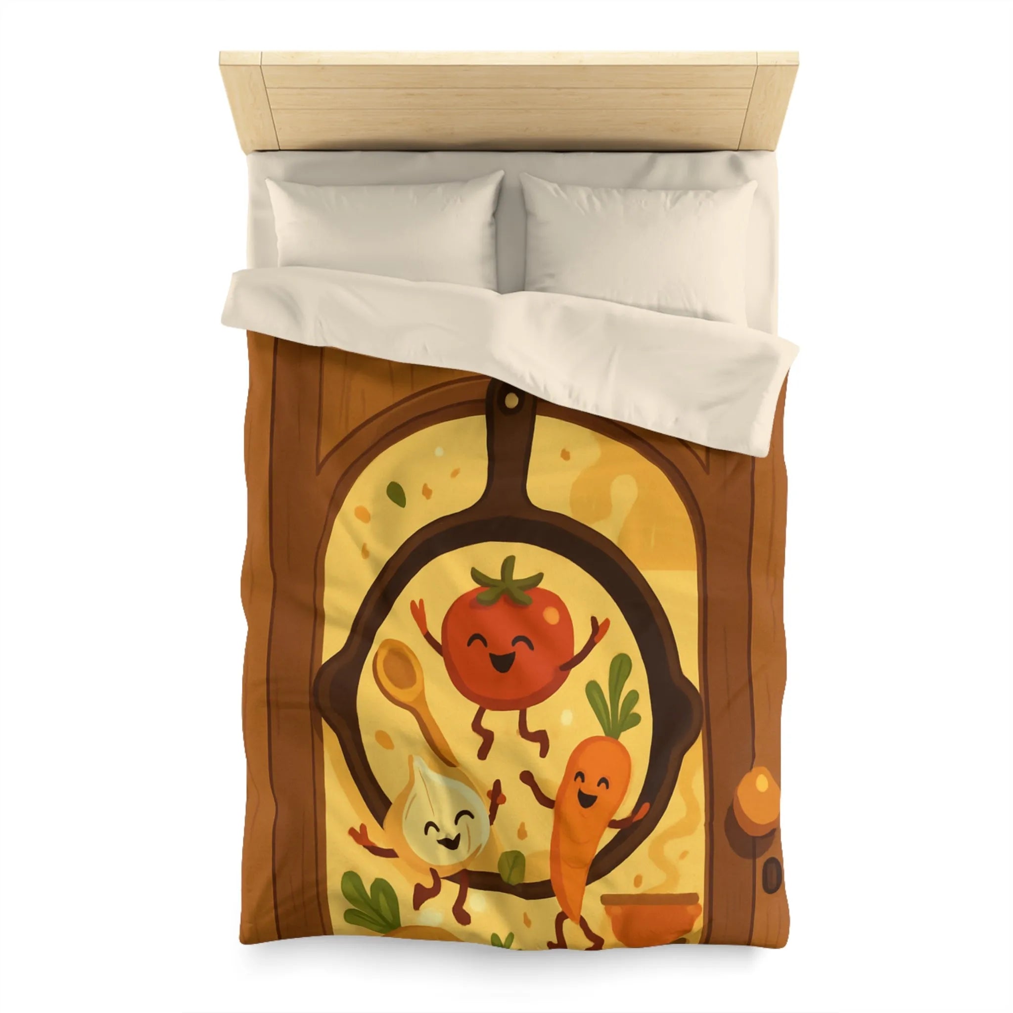 Housse de couette joyeuse avec légumes dans une poêle ambiance cuisine chaleureuse