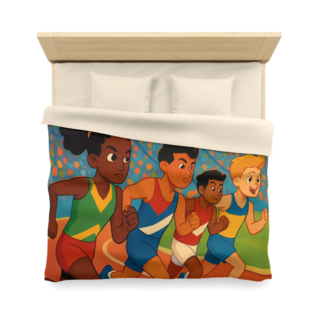 Housse de couette illustrée course d’athlétisme enfants vibrant soleil dynamique
