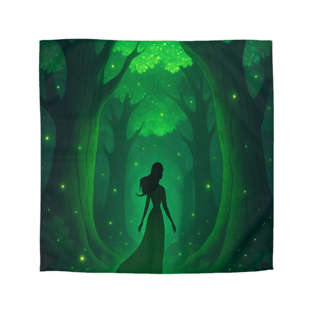 Housse de couette forêt enchantée avec silhouette élégante et lumières scintillantes vertes