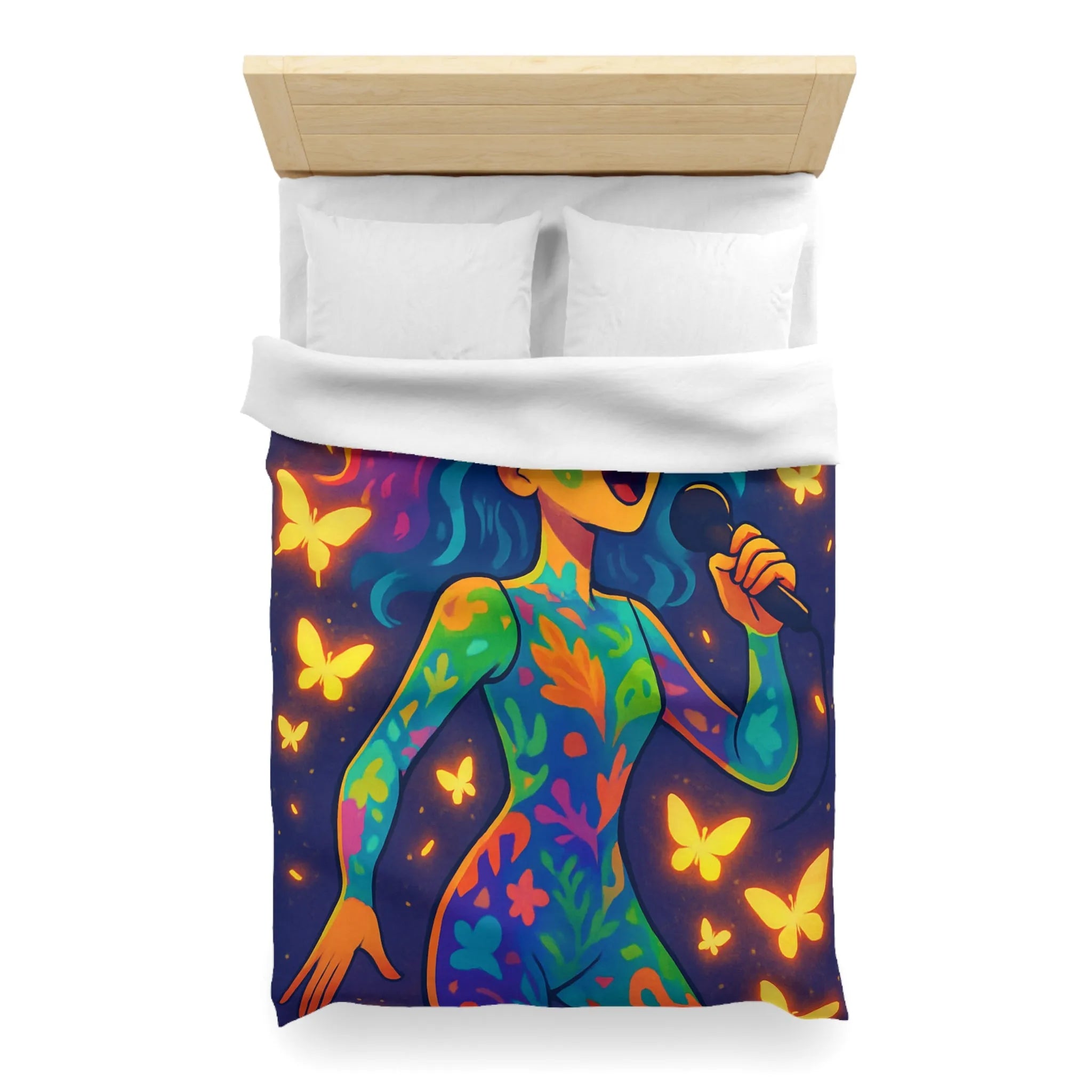 Housse de Couette Colorée : Artiste Chantant Entourée de Papillons Lumineux et Vibrants