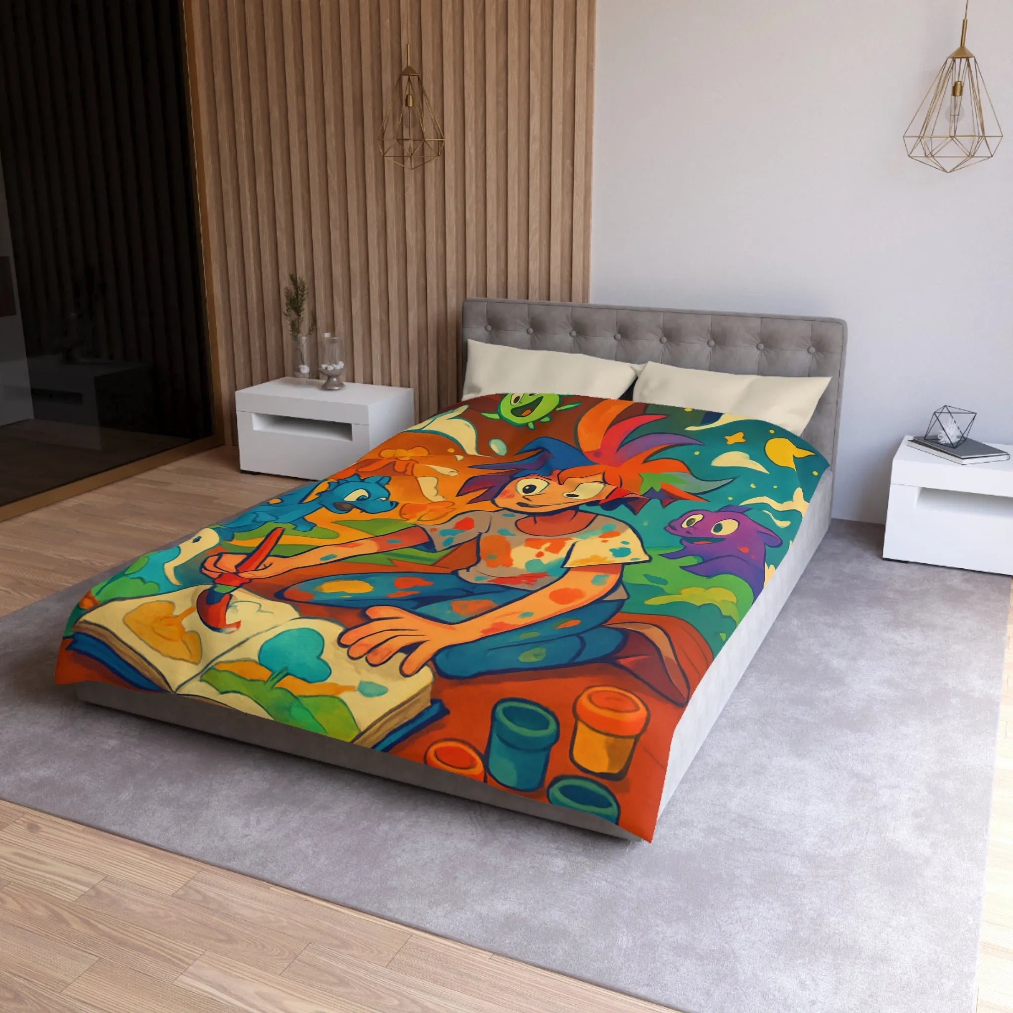 Housse de couette colorée illustrée avec enfant créatif et créatures fantastiques joyeuses