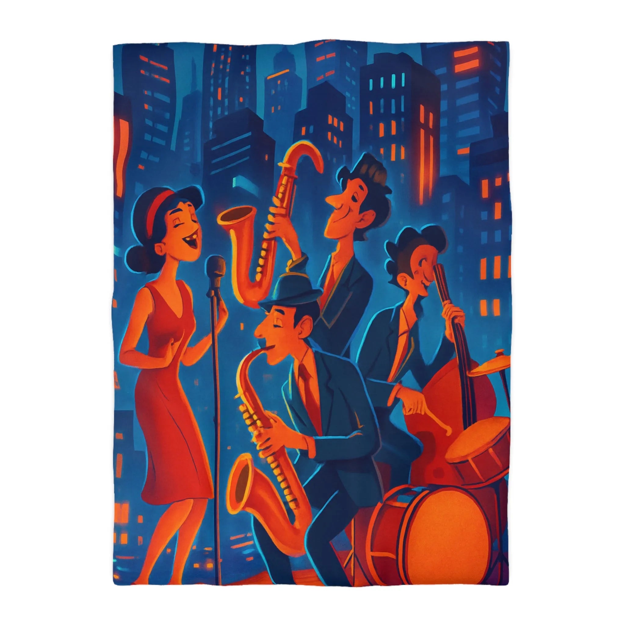 Housse de couette jazz rétro avec chanteuse et musiciens devant gratte-ciels éclairés