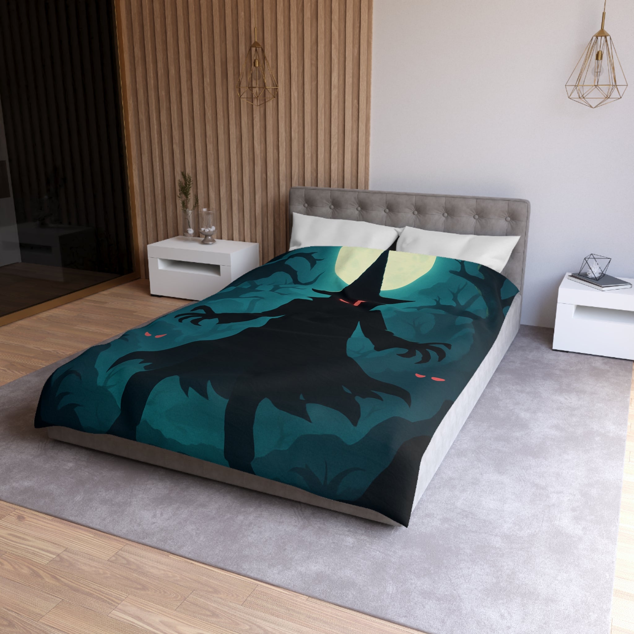 Housse de couette sorcier sombre dans forêt avec pleine lune et yeux rouges