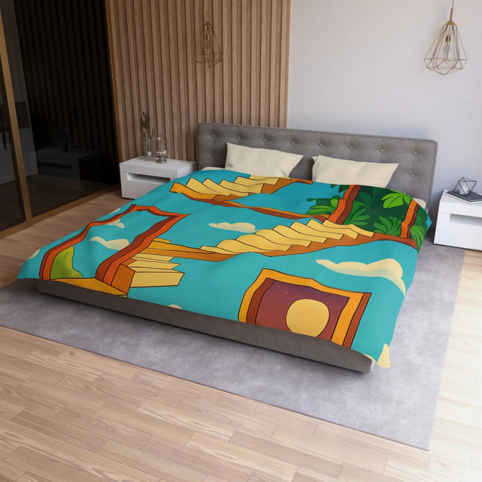 Housse de couette avec escaliers infinis et paysage surréaliste, ciel étoilé