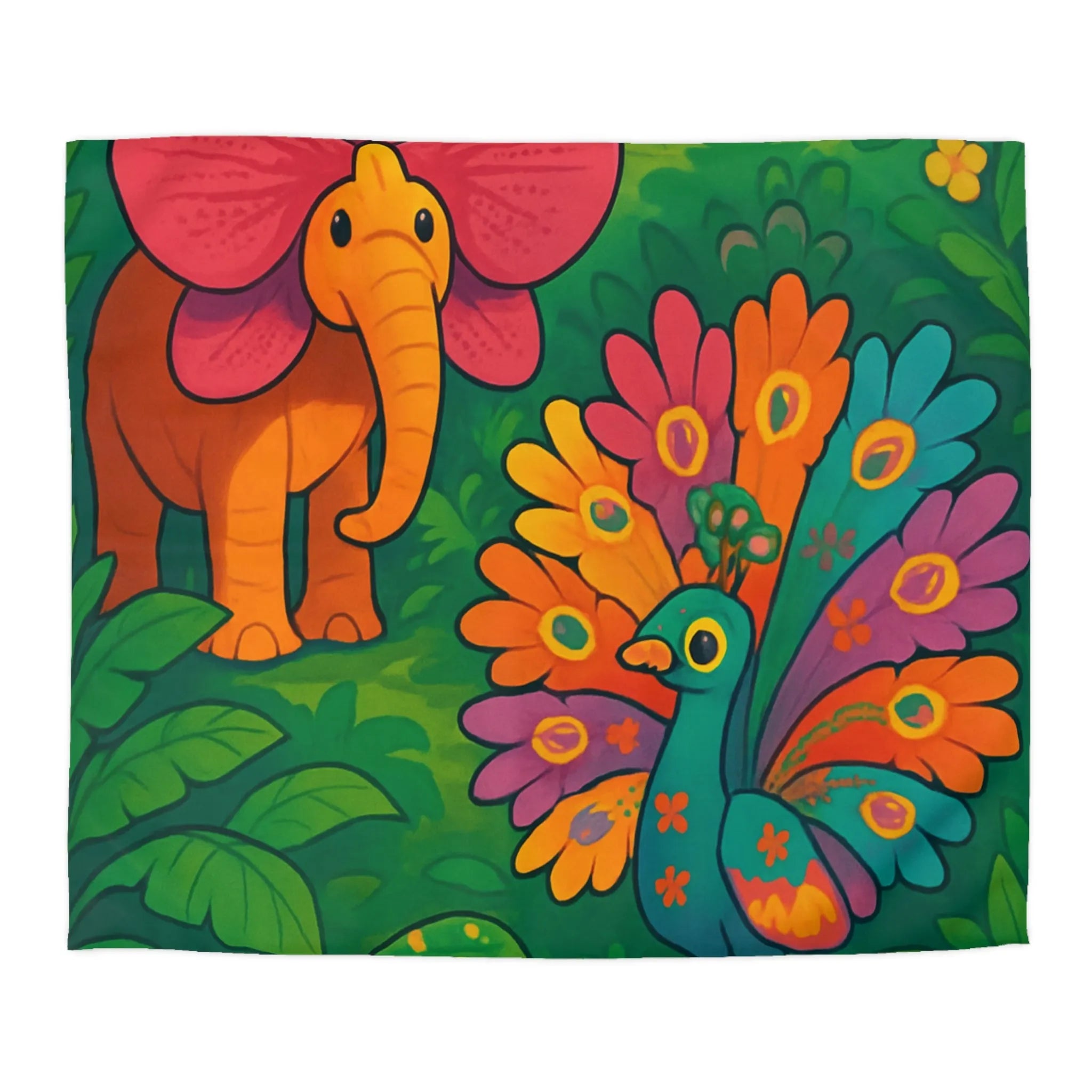 Housse de couette enfantine avec éléphant, paon multicolore et serpent floral en forêt