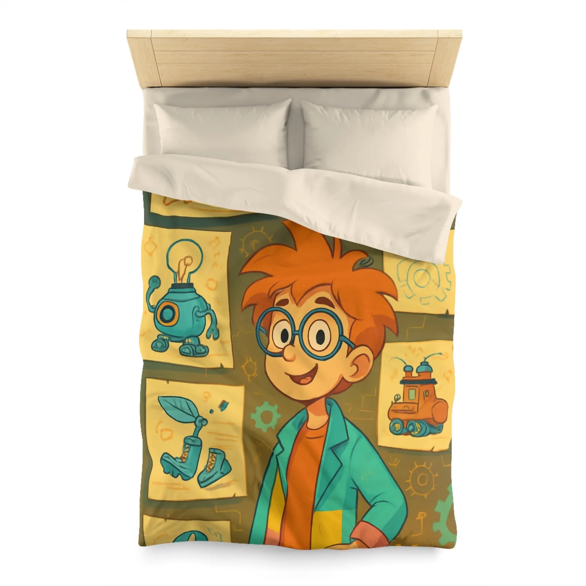 Housse de couette enfant motifs inventeur créatif pour chambre ludique et colorée