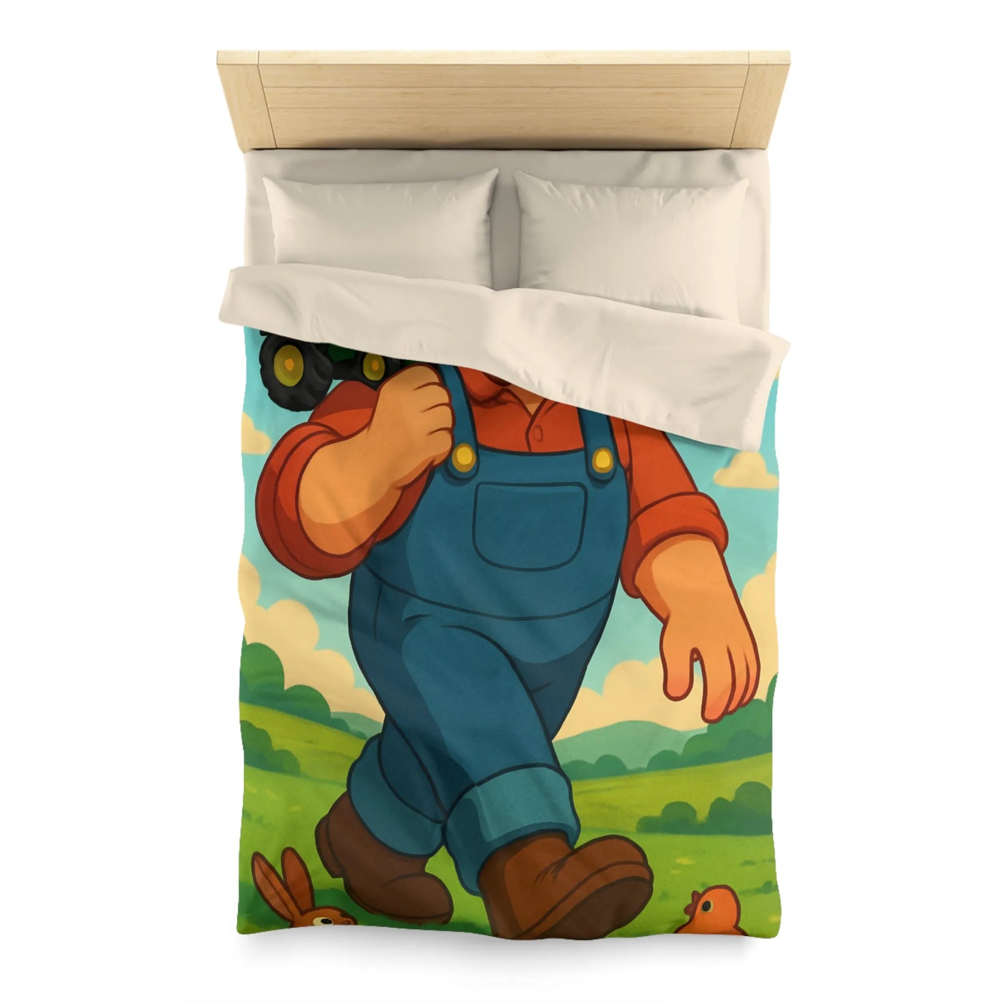 Housse de couette fermier joyeux avec animaux, arc-en-ciel et tracteur, paysage coloré