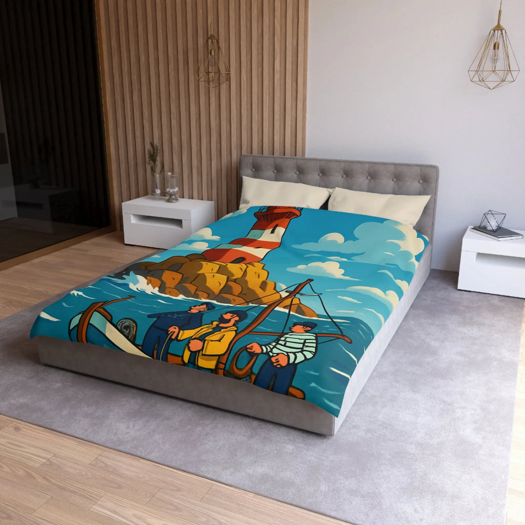 Housse de couette maritime avec phare, bateau et équipage sur mer agitée