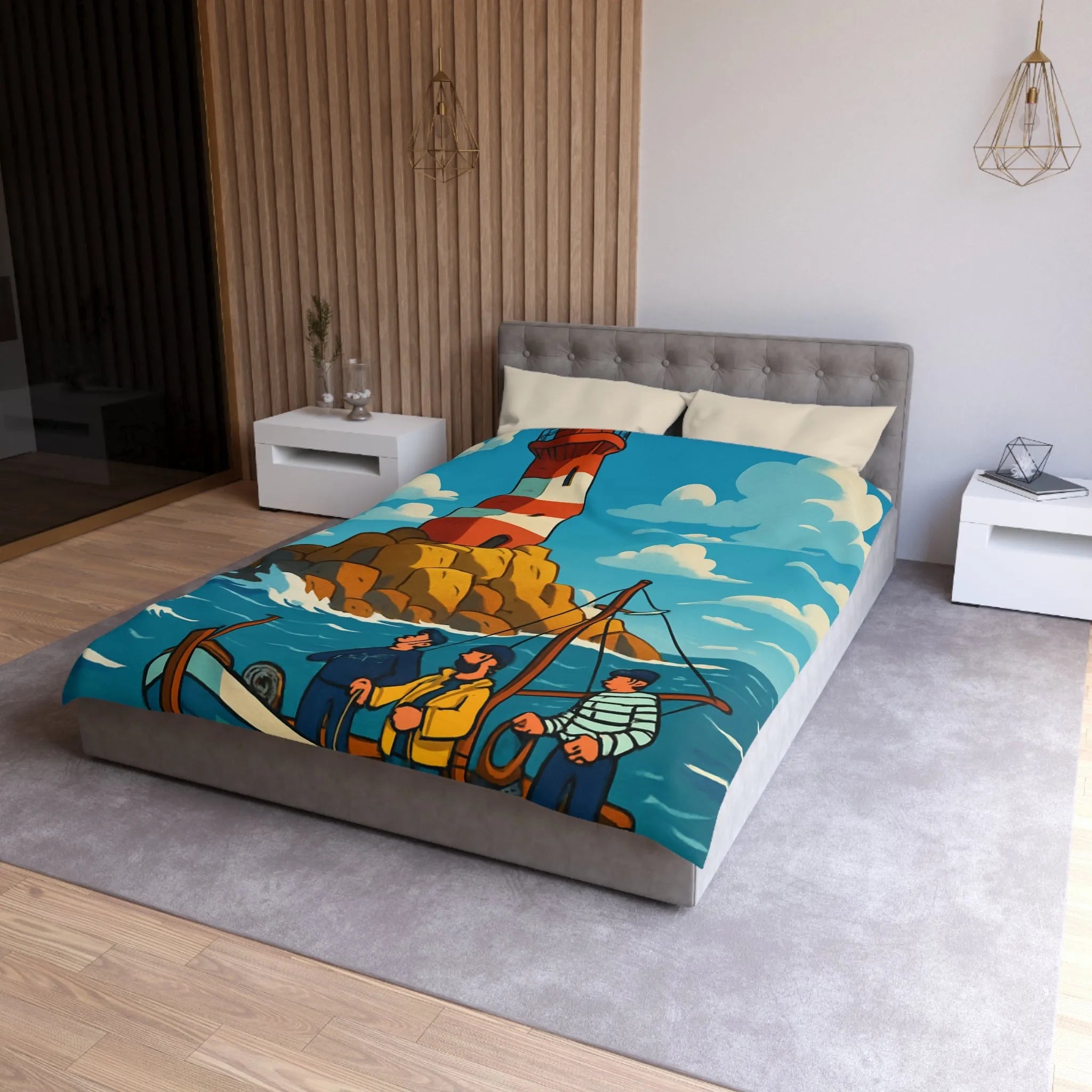 Housse de couette maritime avec phare, bateau et équipage sur mer agitée