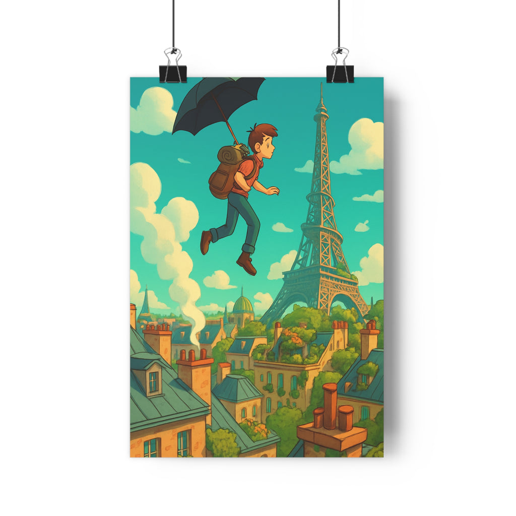 Poster décoratif cartoon Paris surréaliste coloré rêveur joyeux chambre salon bureau tour Eiffel 30x46