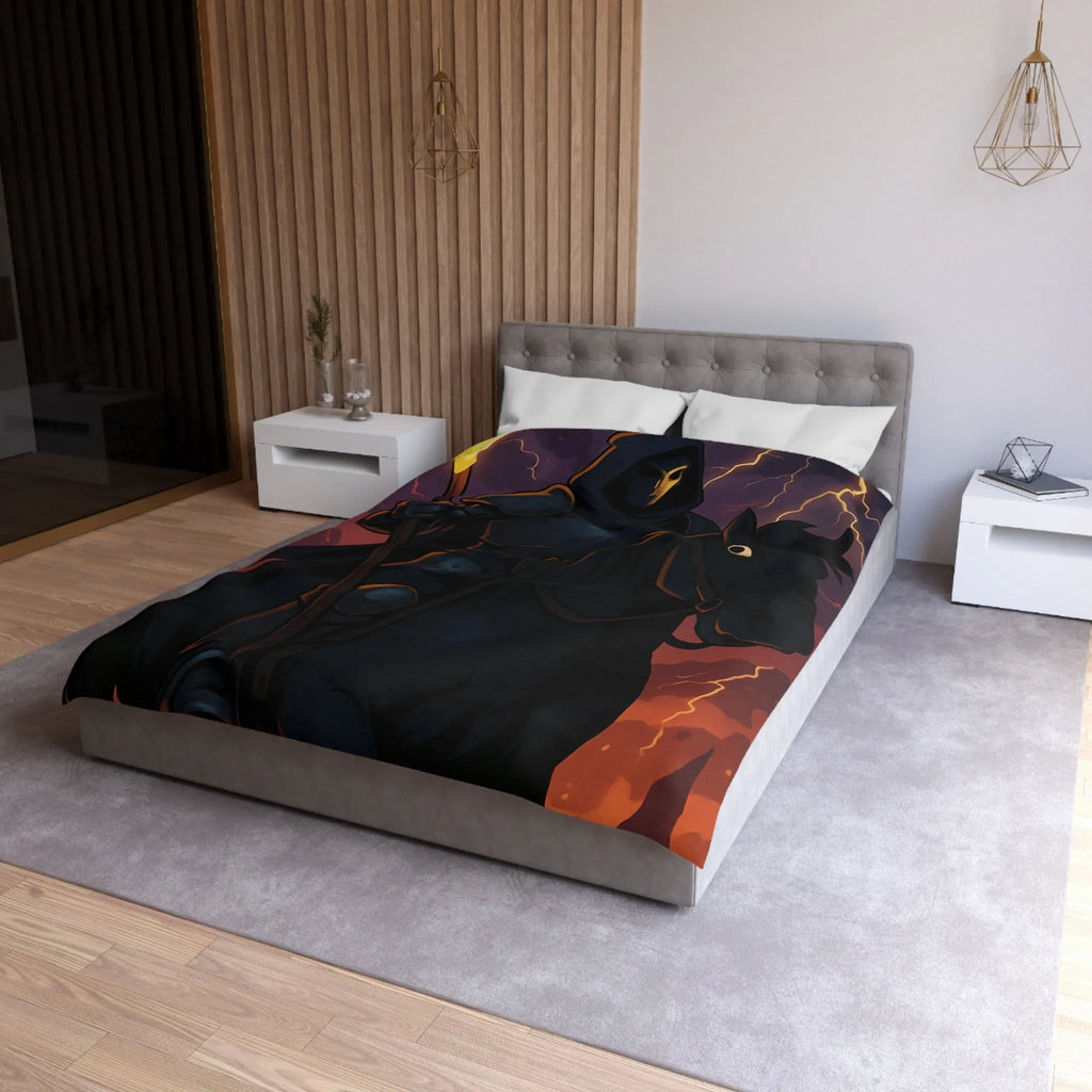 Housse de couette à motif intrigant avec faucheuse menaçante et cheval sombre en action