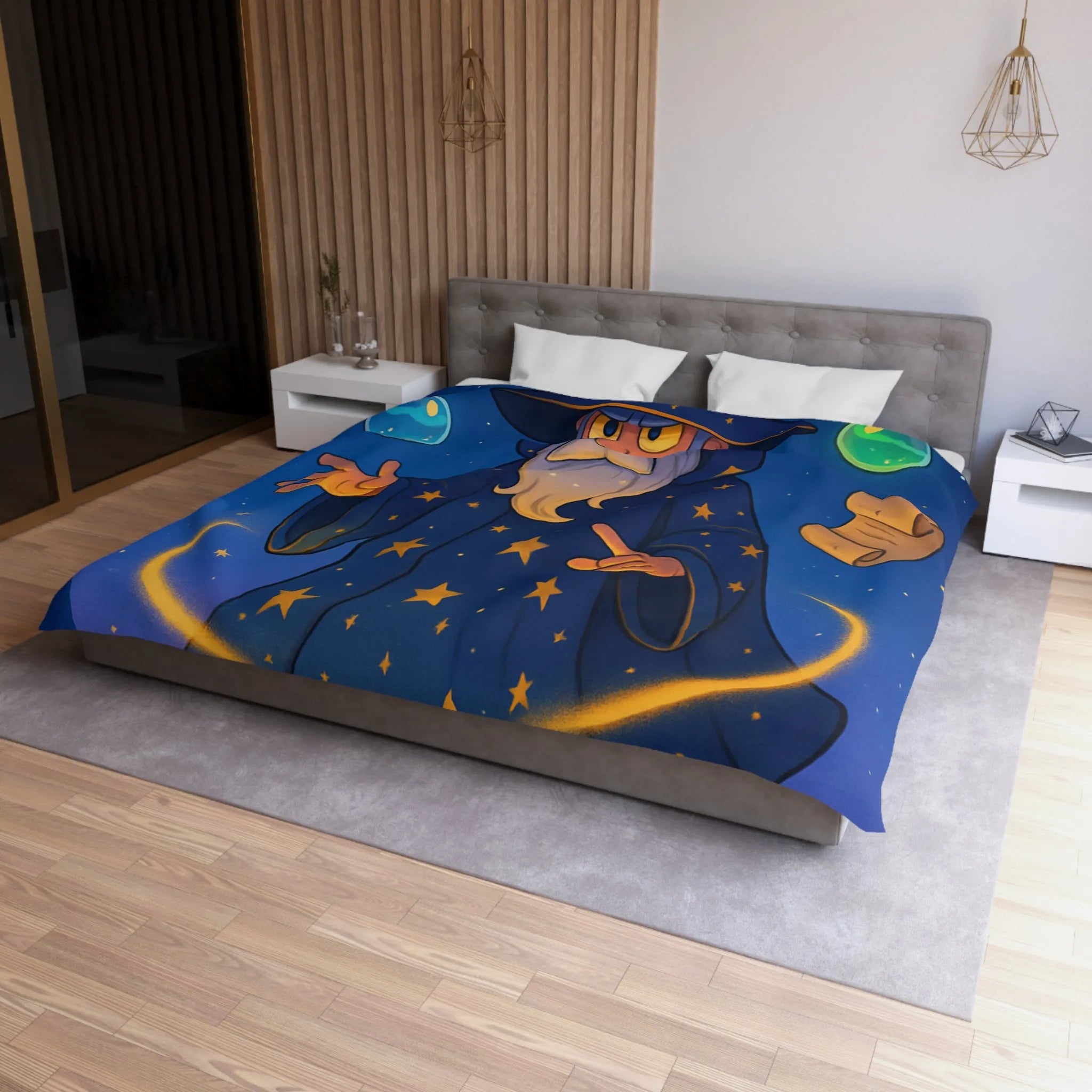 Housse de Couette Magicien Étoilé avec Parchemins Enchantés et Fioles Lumineuses