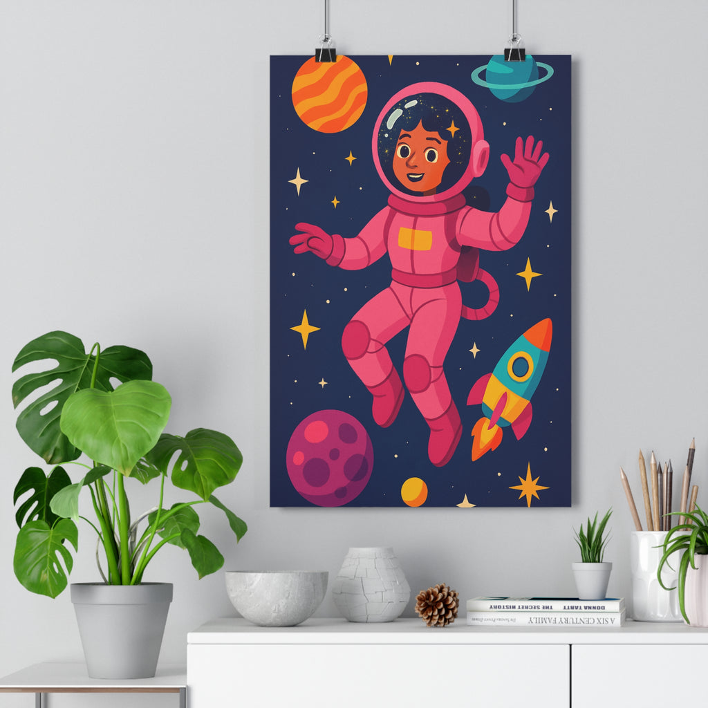 Poster décoratif intergalactique rose anime futuriste joyeux aventure chambre enfant étoile planète vibrant qualité
