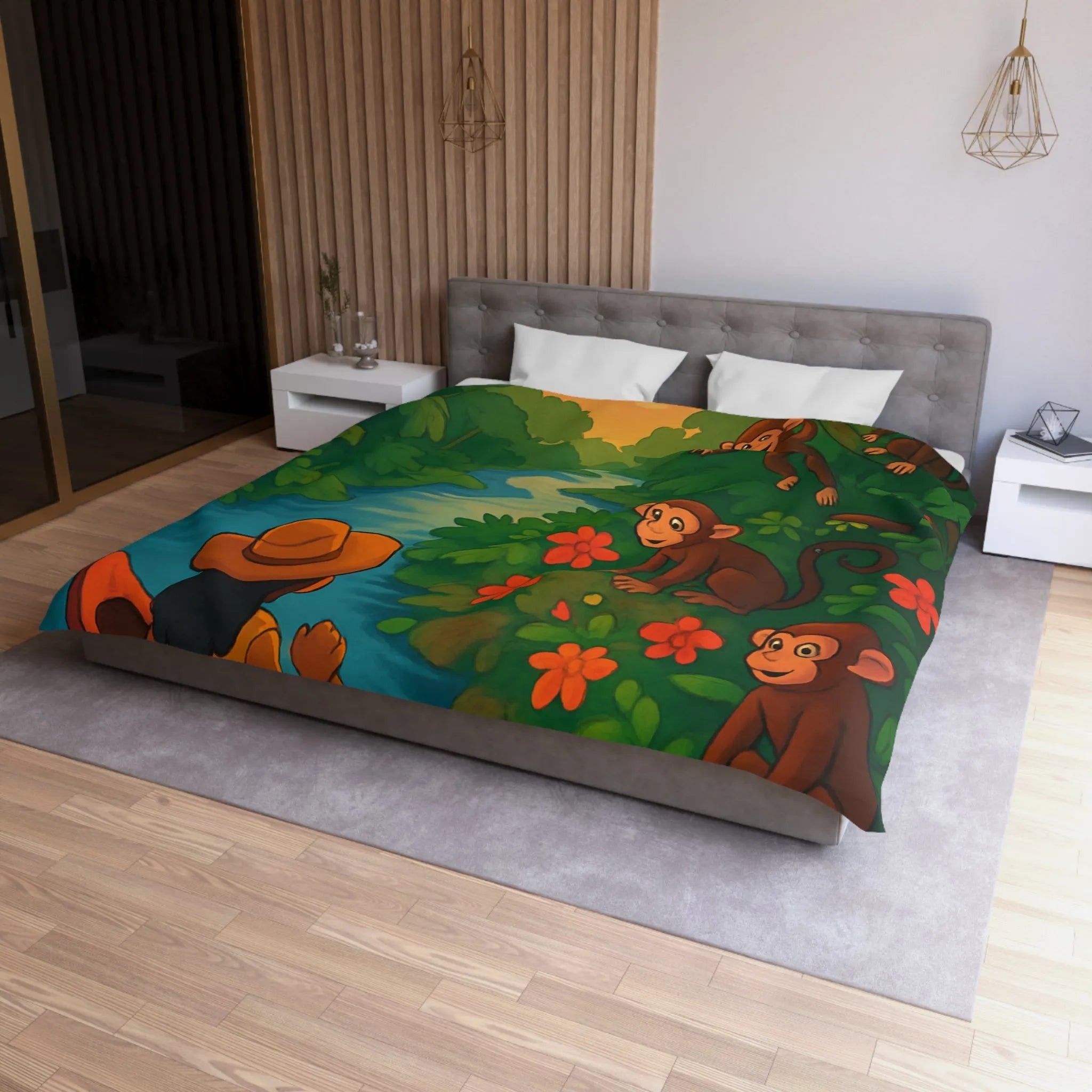 Housse de Couette Jungle avec Singes et Femme en Canot sur Rivière Tropicale
