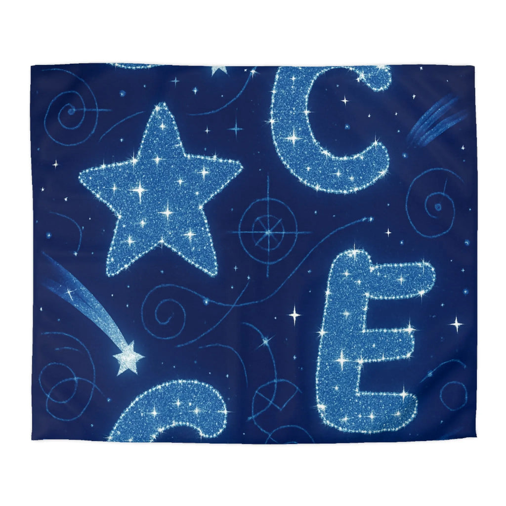 Housse de couette espace étoilé avec lettres scintillantes et planètes en arrière-plan