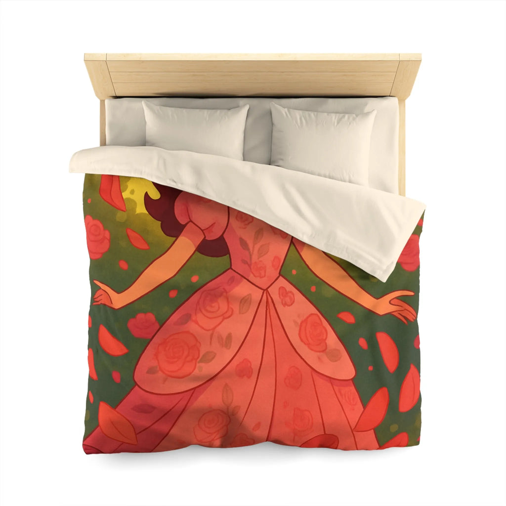 Housse de couette délicatement illustrée avec motif de danse joyeuse parmi les roses rouges