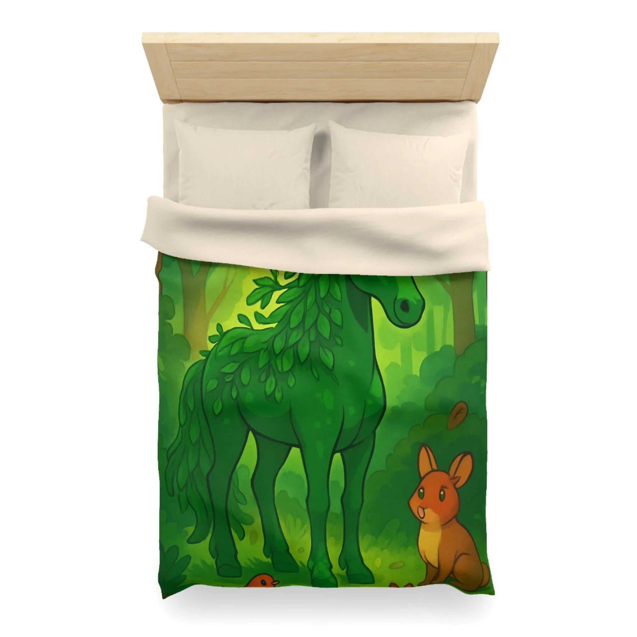 Housse de Couette Forêt Enchantée avec Cheval Vert et Animaux Sylvestres Amicaux