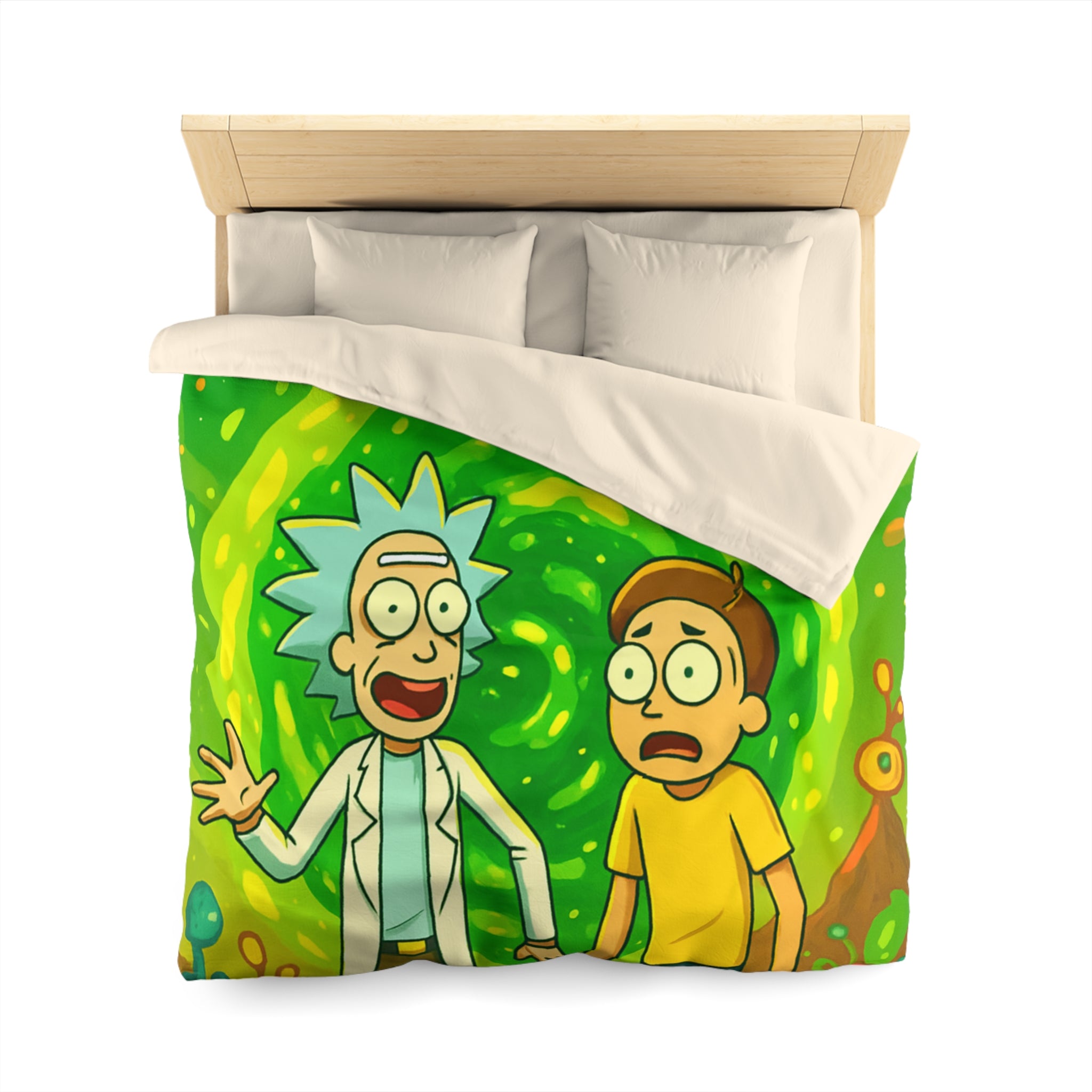 Housse de couette thème dimension aventure verte avec duo explorateur et planète lumineuse