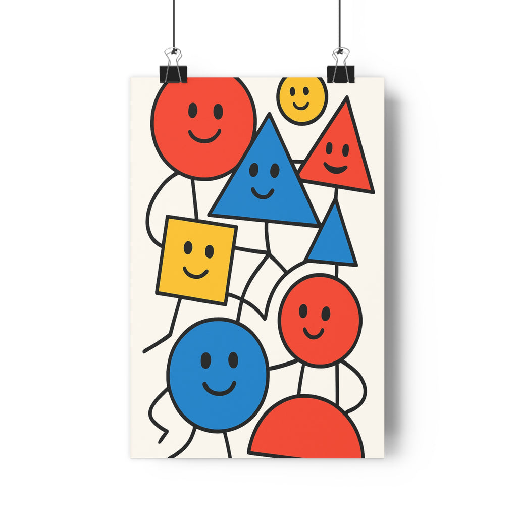 Poster décoratif géométrique coloré rouge bleu jaune cartoon joyeux salon chambre enfant moderne vibrant