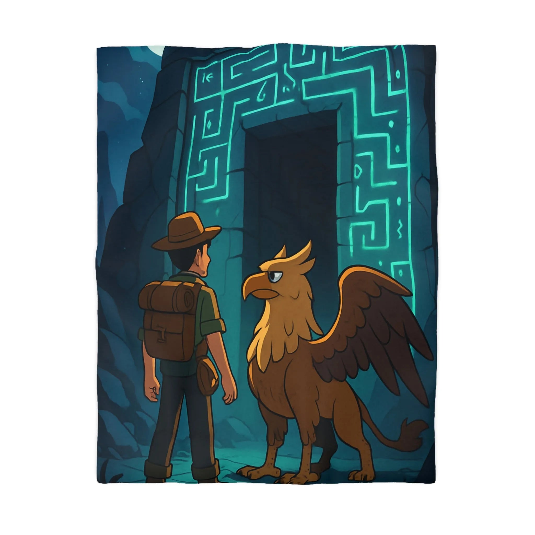 Housse de couette aventurier et griffon, rencontre mystique sous la lumière lunaire