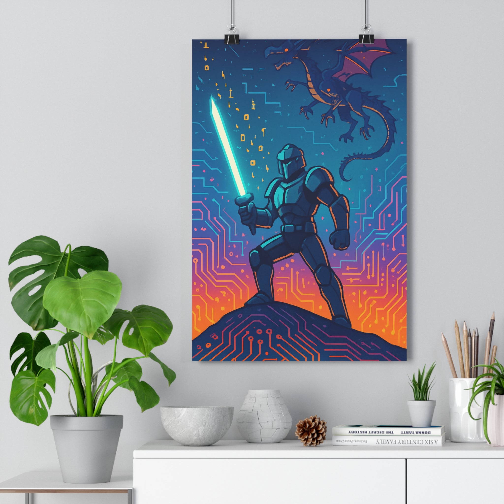 Poster décoratif pixel art bleu orange violet gaming chambre ado futuriste épée dragon 30x46