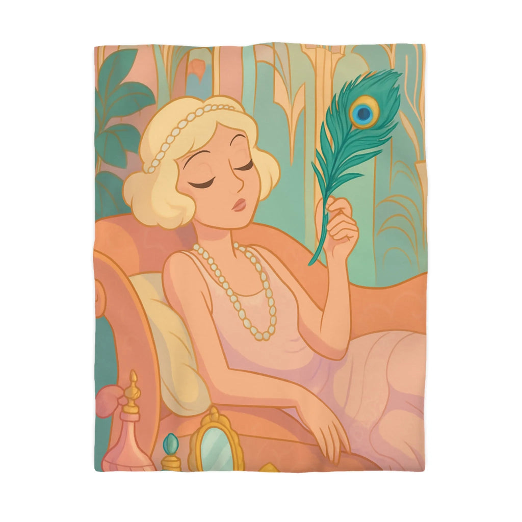 Élégance Art Déco : Femme avec Plume de Paon et Flacons de Parfum Pastels