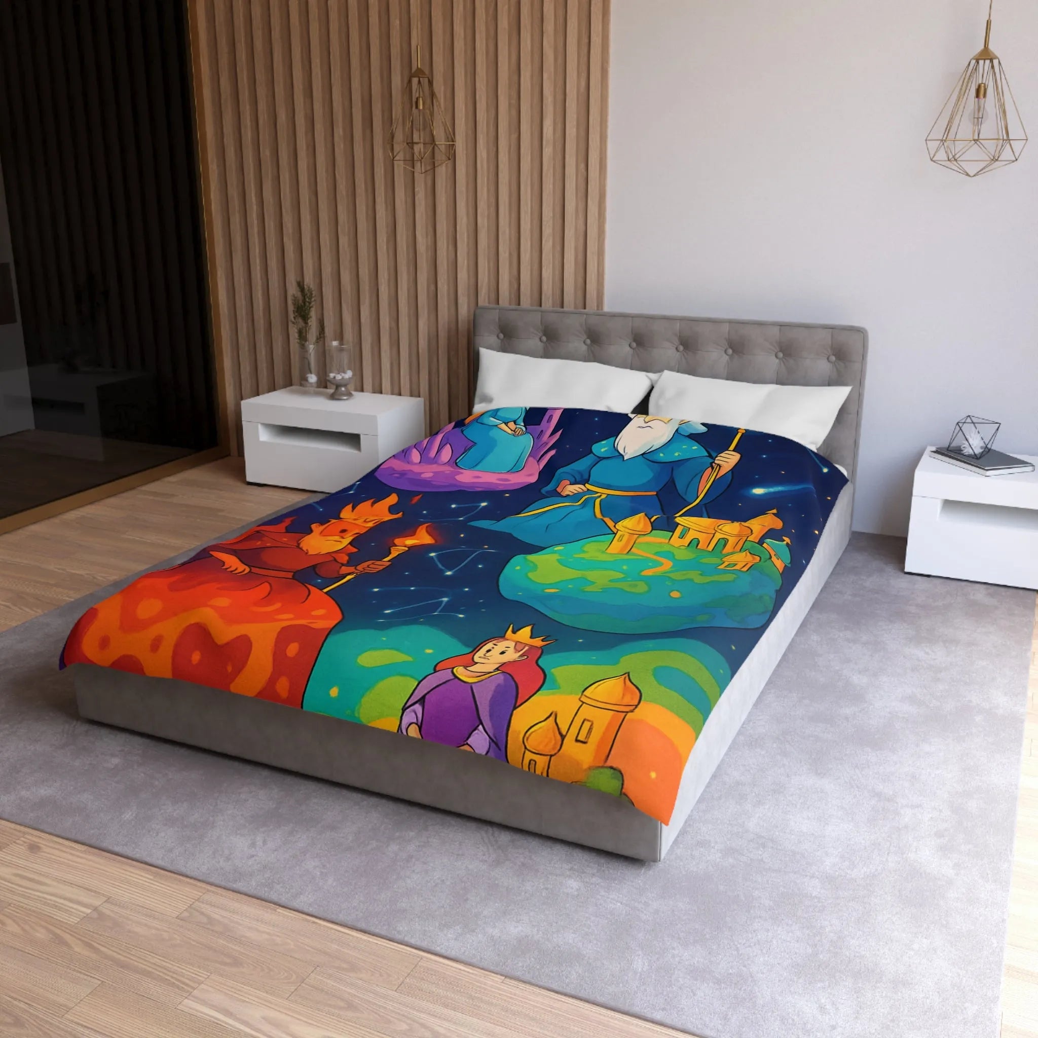 Housse de Couette Imaginaire avec Rois et Reines sur Planètes Mystiques Étoilées