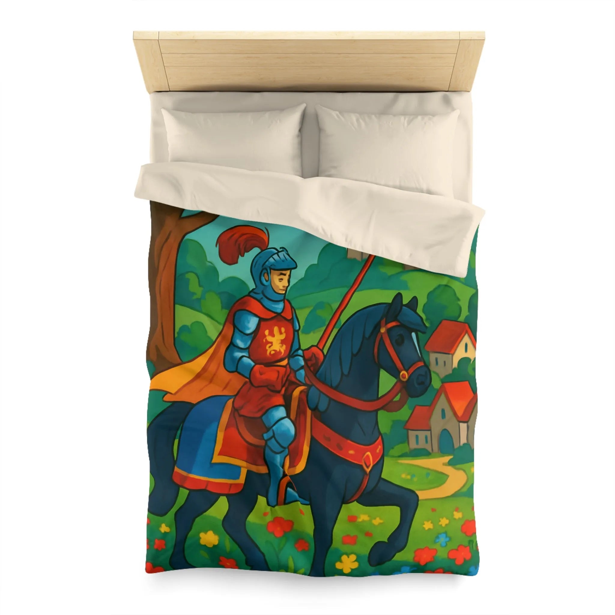 Housse de couette chevalier médiéval illustrée avec château et paysage floral vibrant