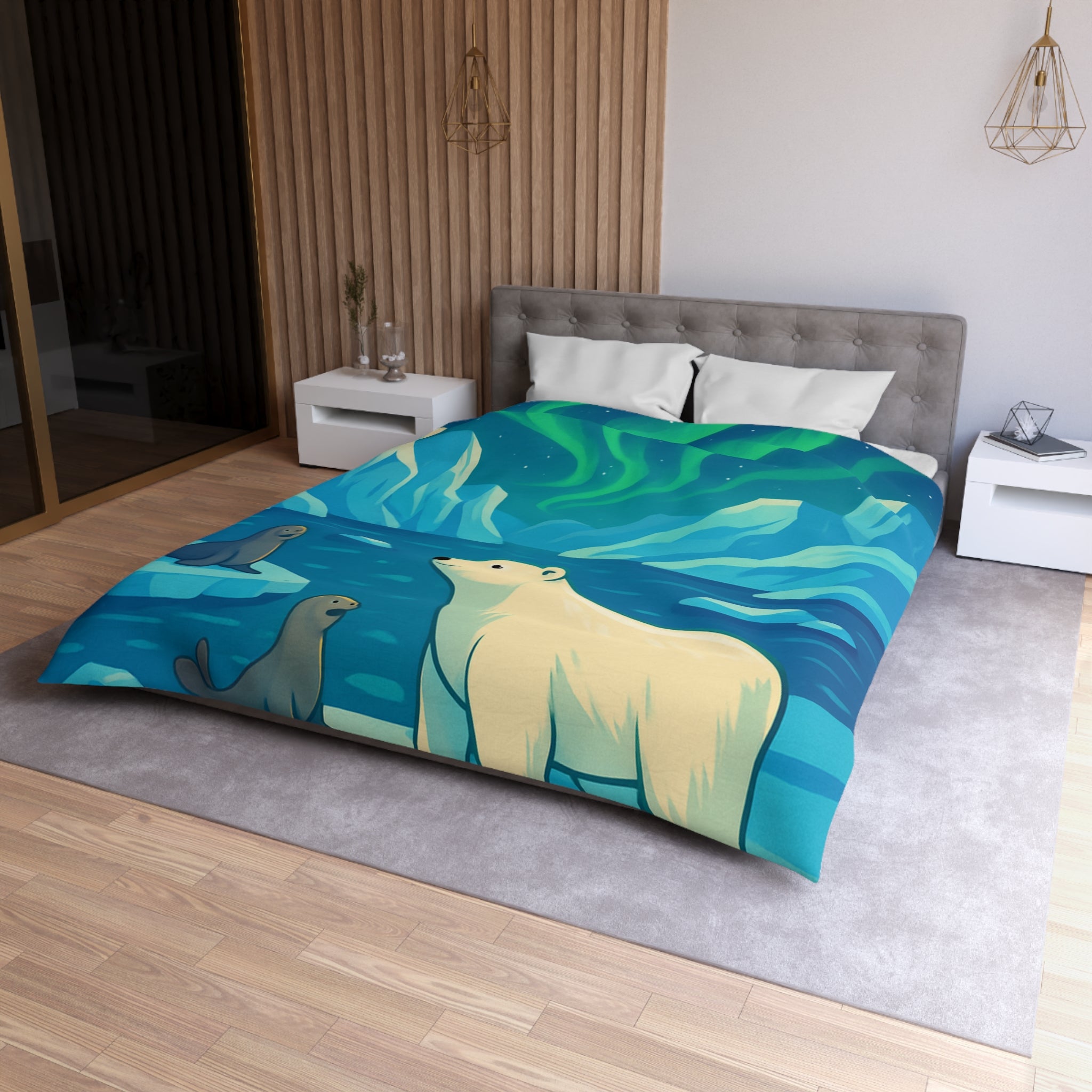 Housse de couette polaire avec ours et aurores boréales pour chambre enfant