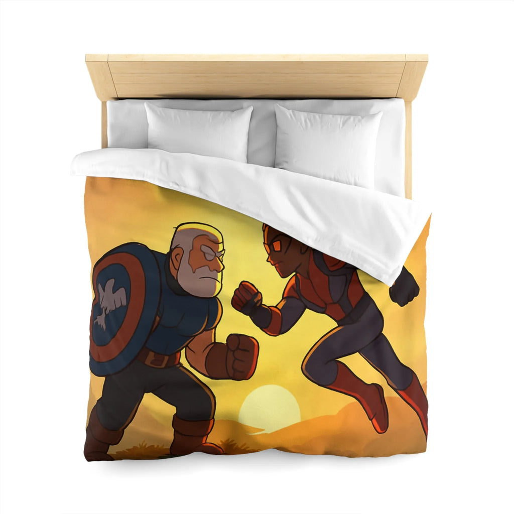 Housse de couette épique avec scène de combat héroïque au coucher du soleil