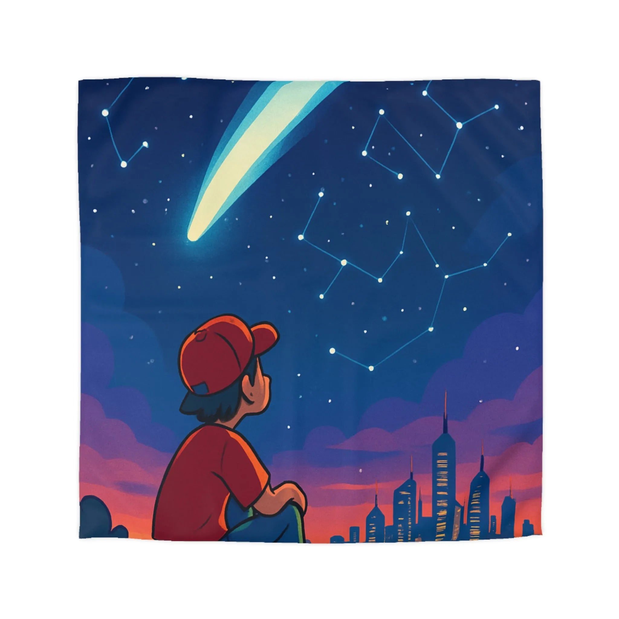 Housse de couette enfant rêveur regardant les étoiles et la ville illuminée