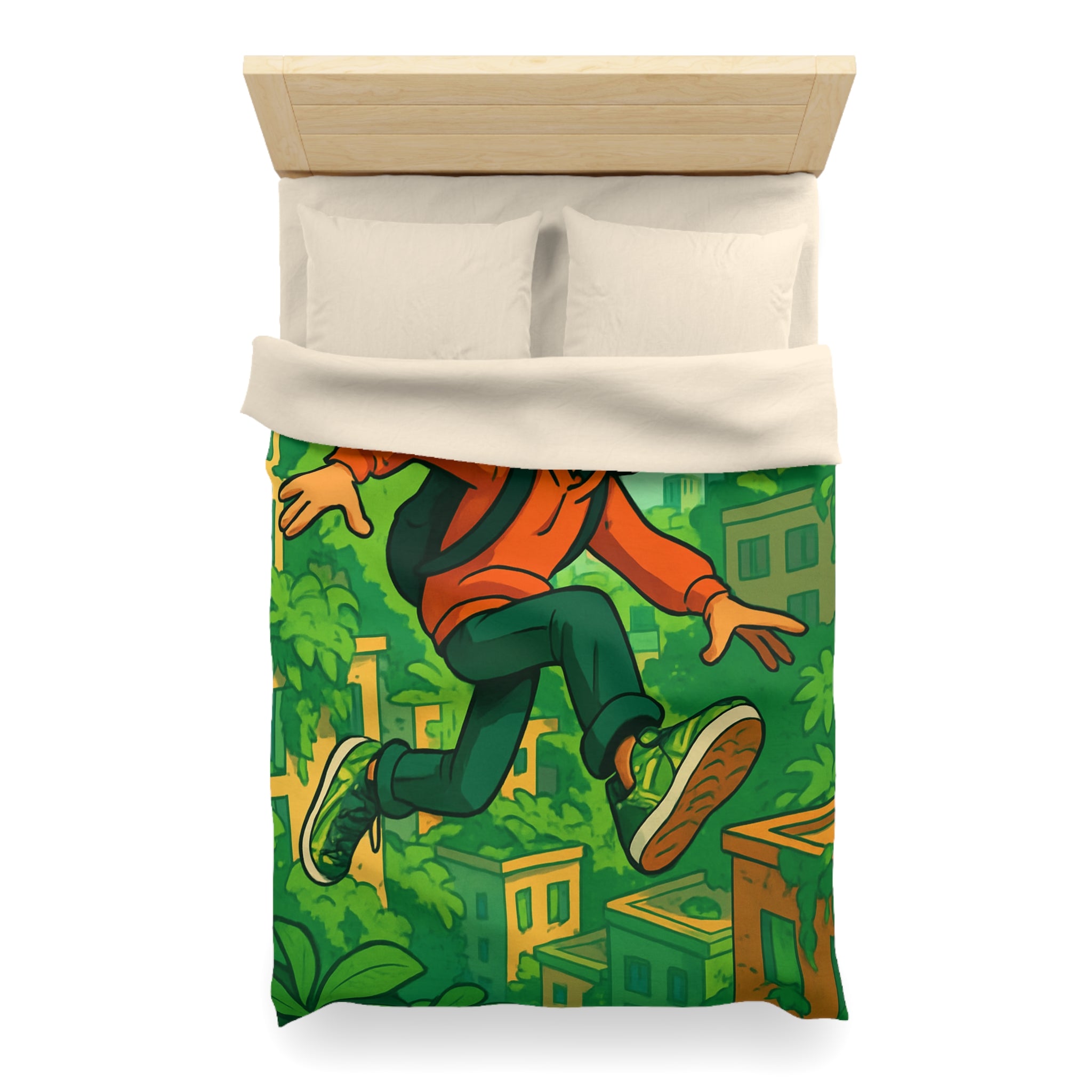 Housse de Couette Motif Urbain Vert avec Garçon Aventurier en Tenue Décontractée