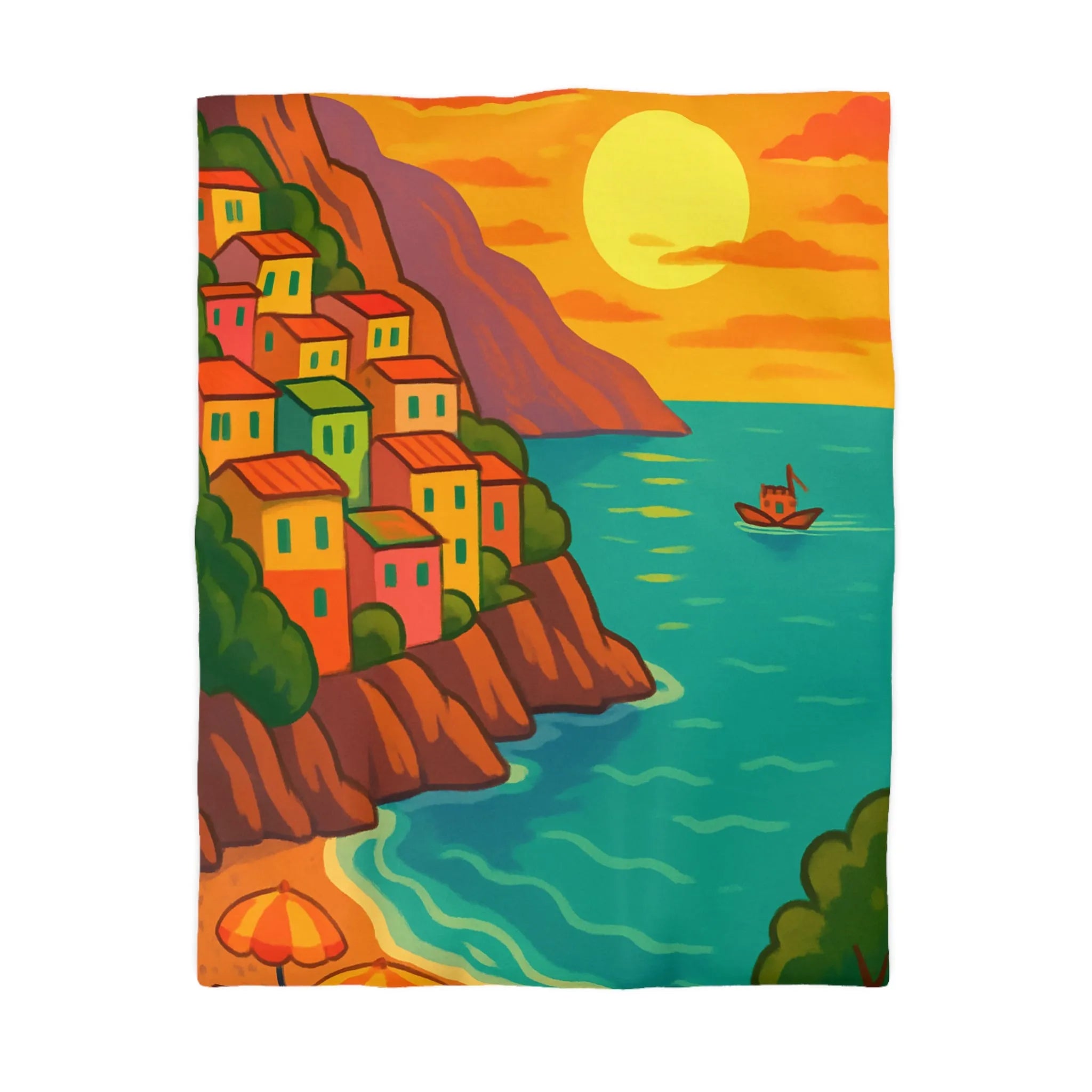 Housse de couette avec paysage côtier éclatant sous coucher de soleil vibrant et artistique