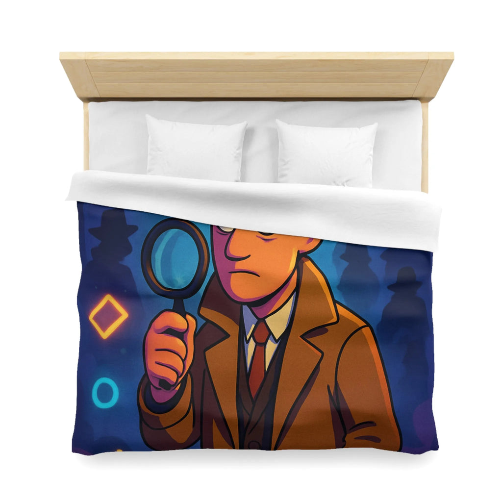 Housse de couette détective rétro avec formes géométriques colorées et ambiance nocturne mystérieuse