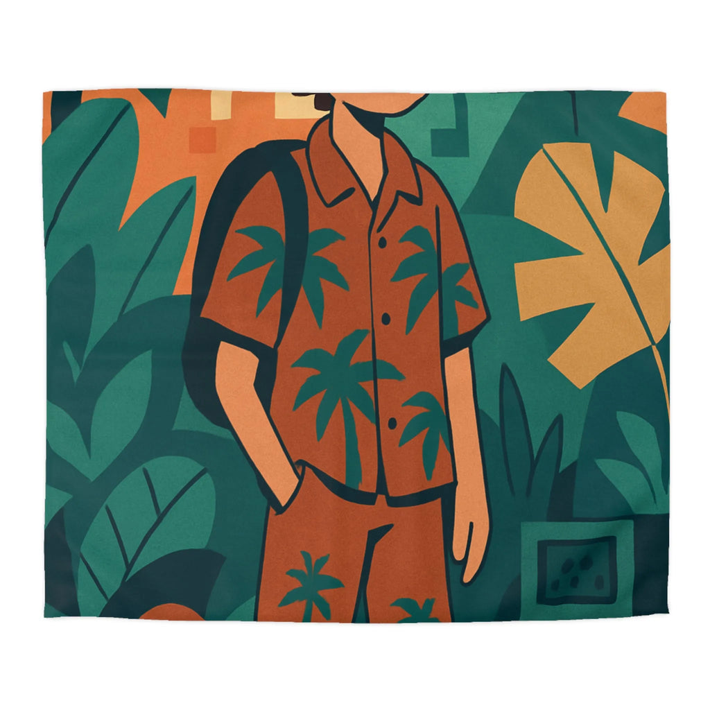 Housse de couette exotique ado, ambiance tropicale, skateboard et palmiers, style graphique coloré