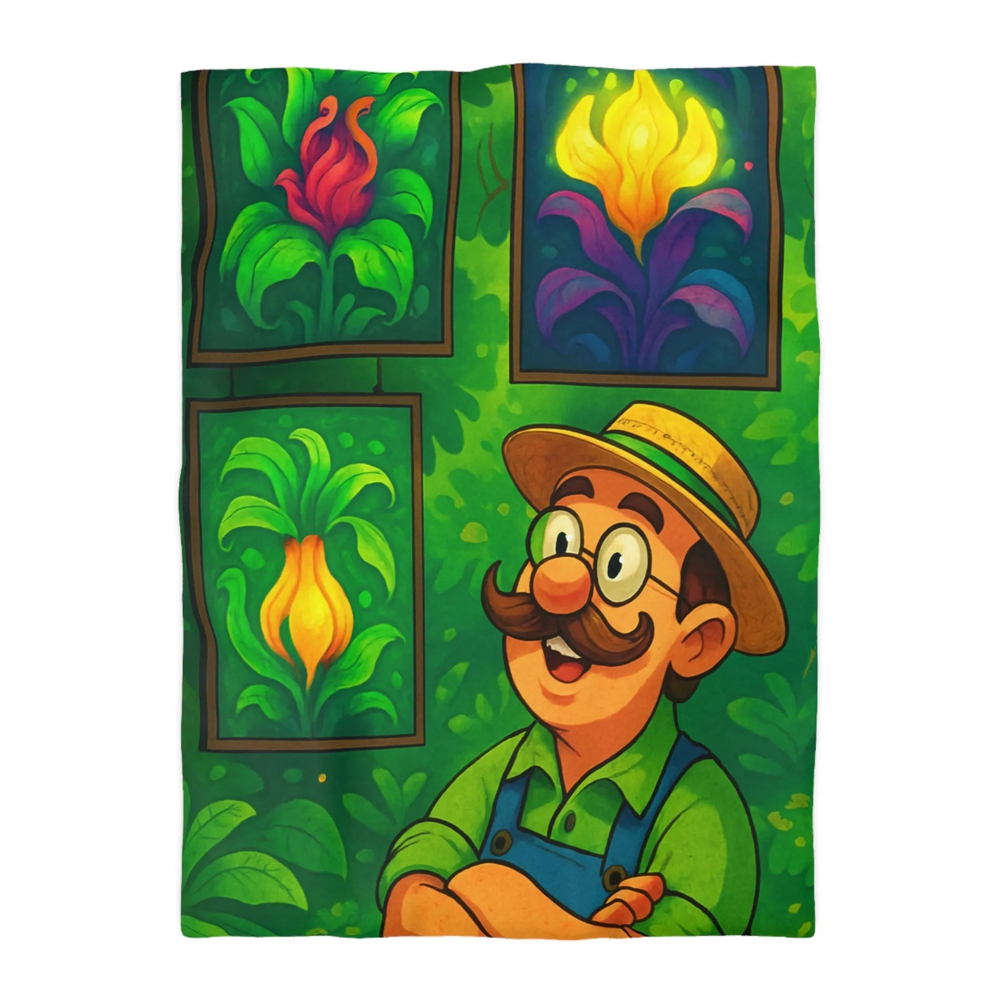 "Housse de Couette Motif Tropical avec Fleurs Exotiques et Jardinier Heureux Illustré"