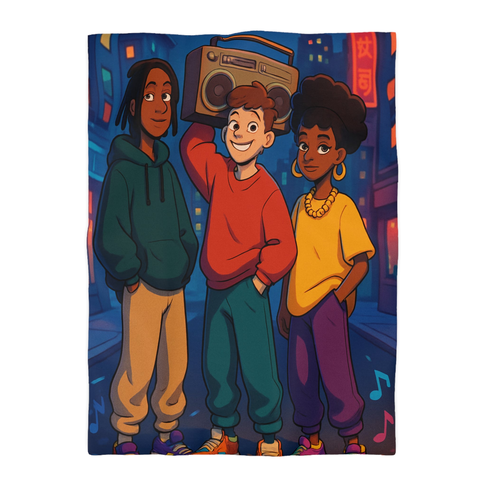 Housse de couette urbaine colorée avec adolescents et radio cassette dans la rue nocturne