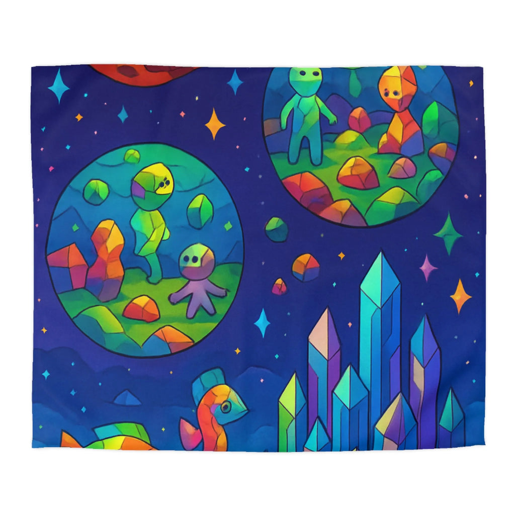 Housse de couette colorée avec paysages extraterrestres, créatures mignonnes et cristaux célestes