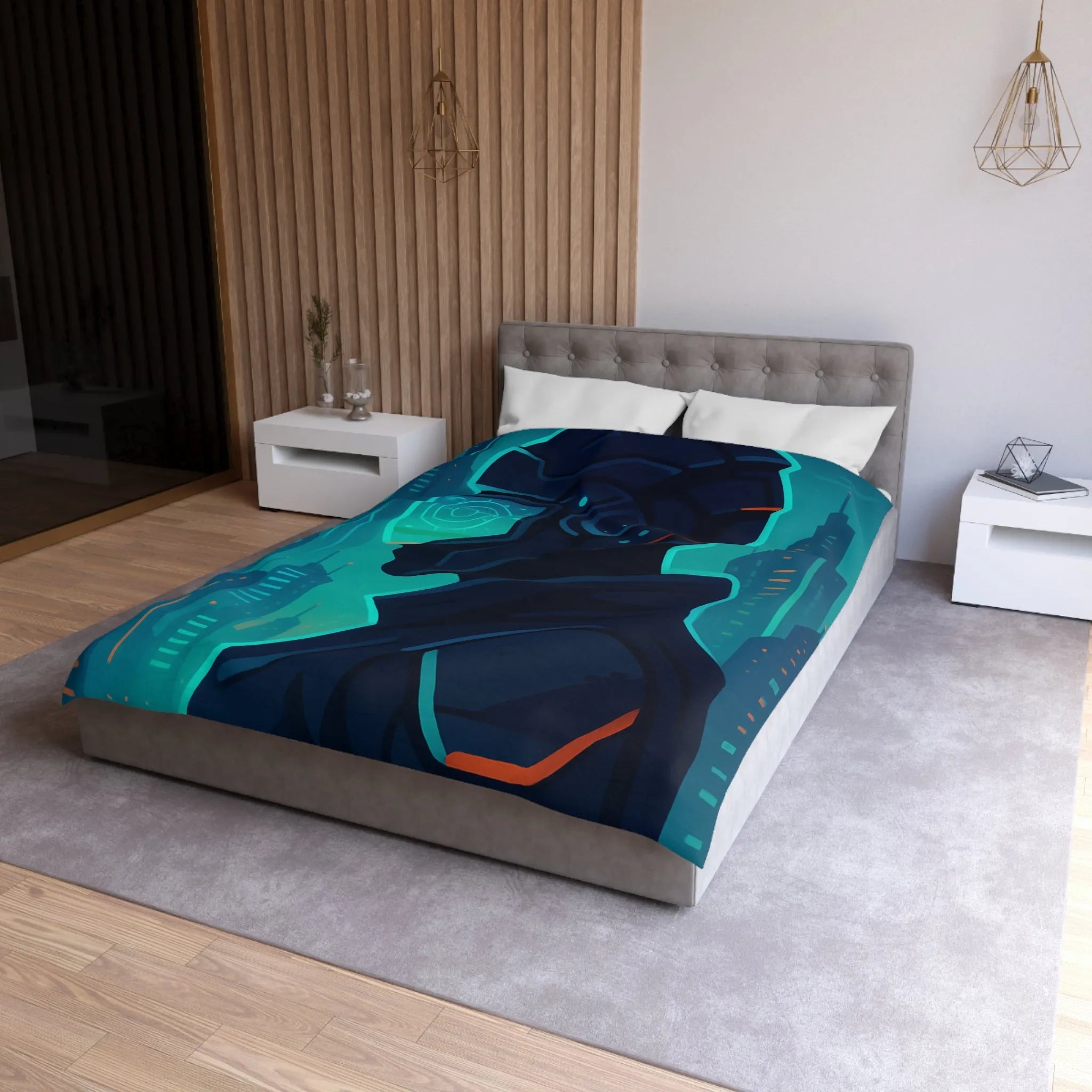 Housse de couette futuriste avec casque de réalité virtuelle et gratte-ciels lumineux