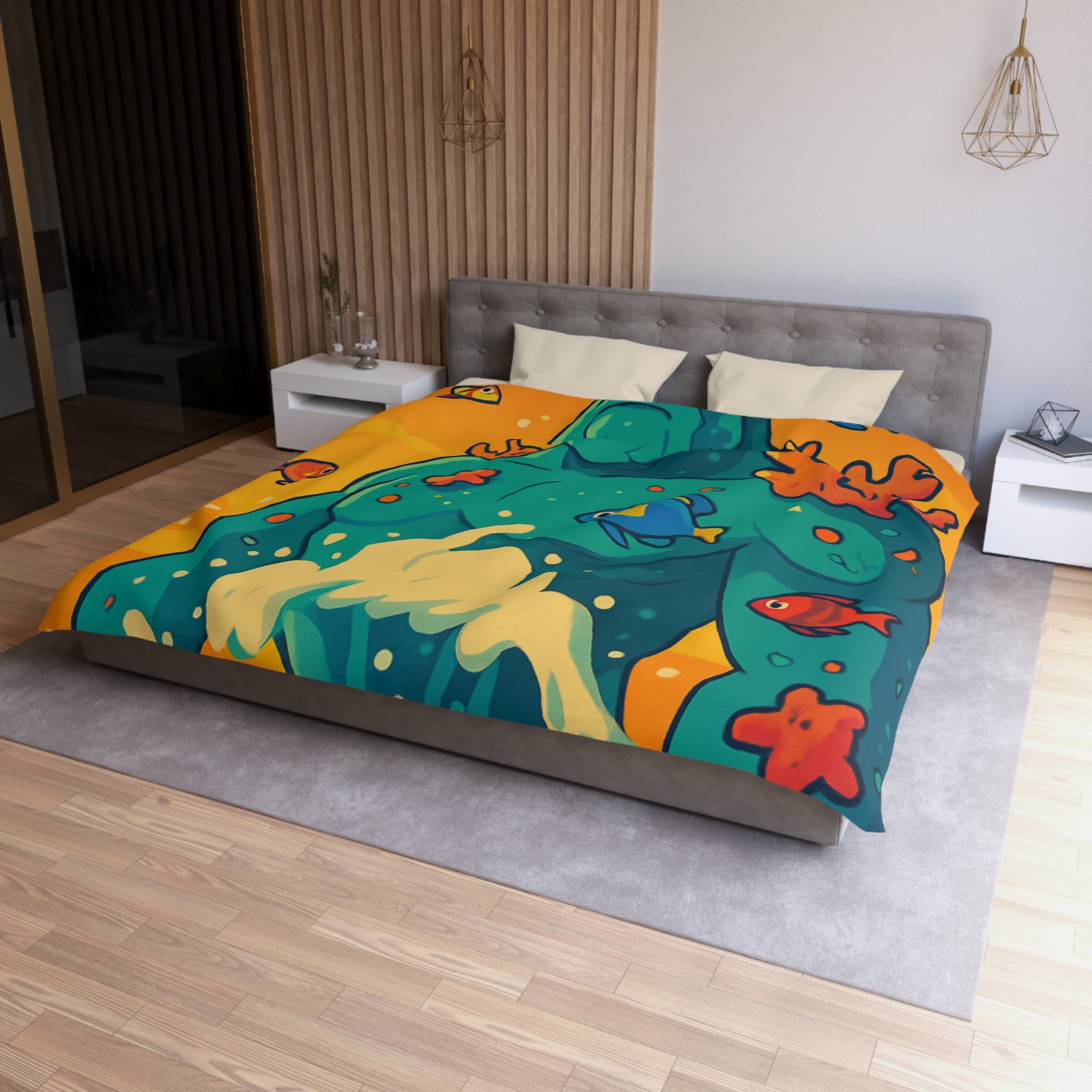 Housse de Couette Océanique avec Illustration Vibrante de Neptune et Poissons Multicolores