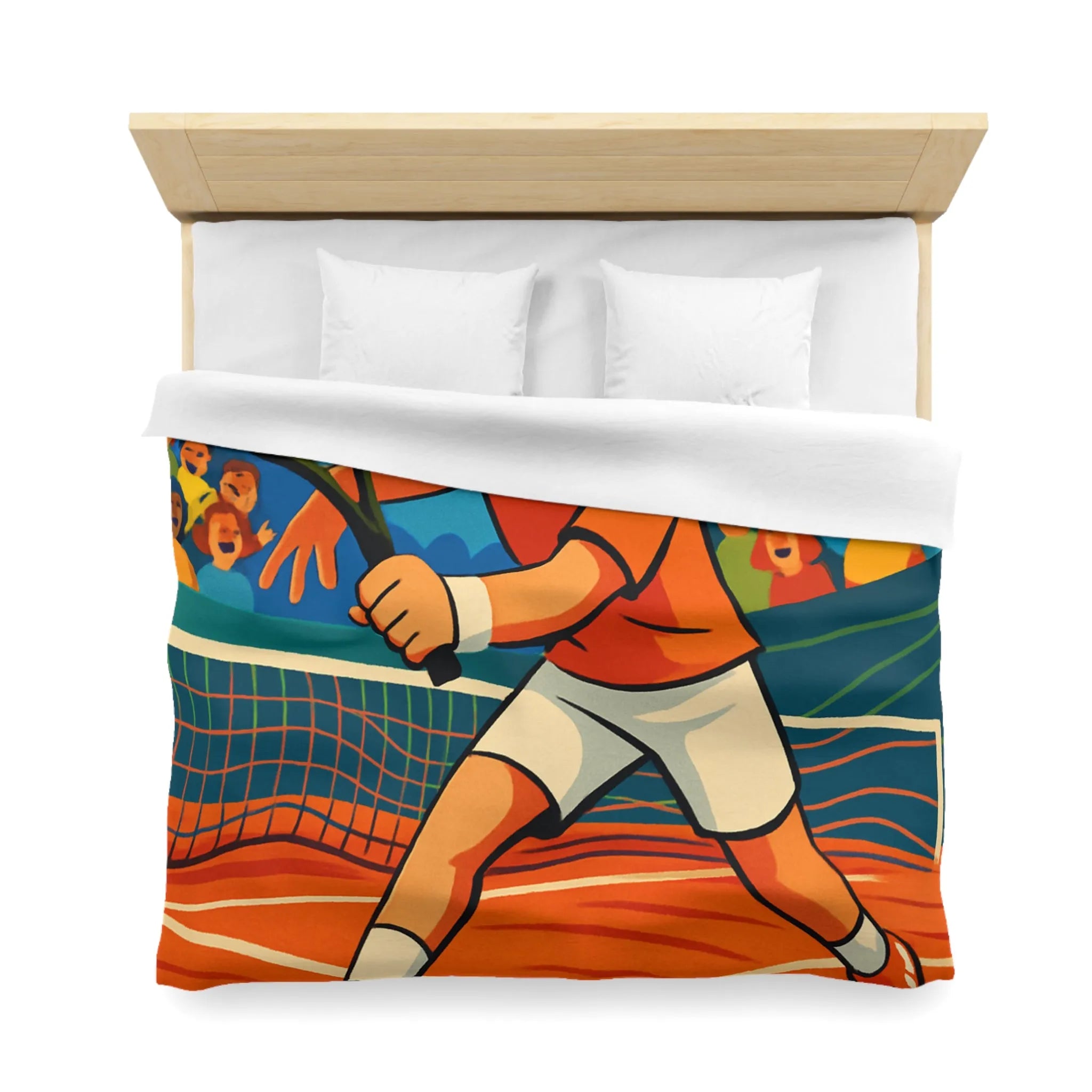 Dessin Animé Joueur de Tennis Dynamique en Action sur Court avec Public Enthousiaste