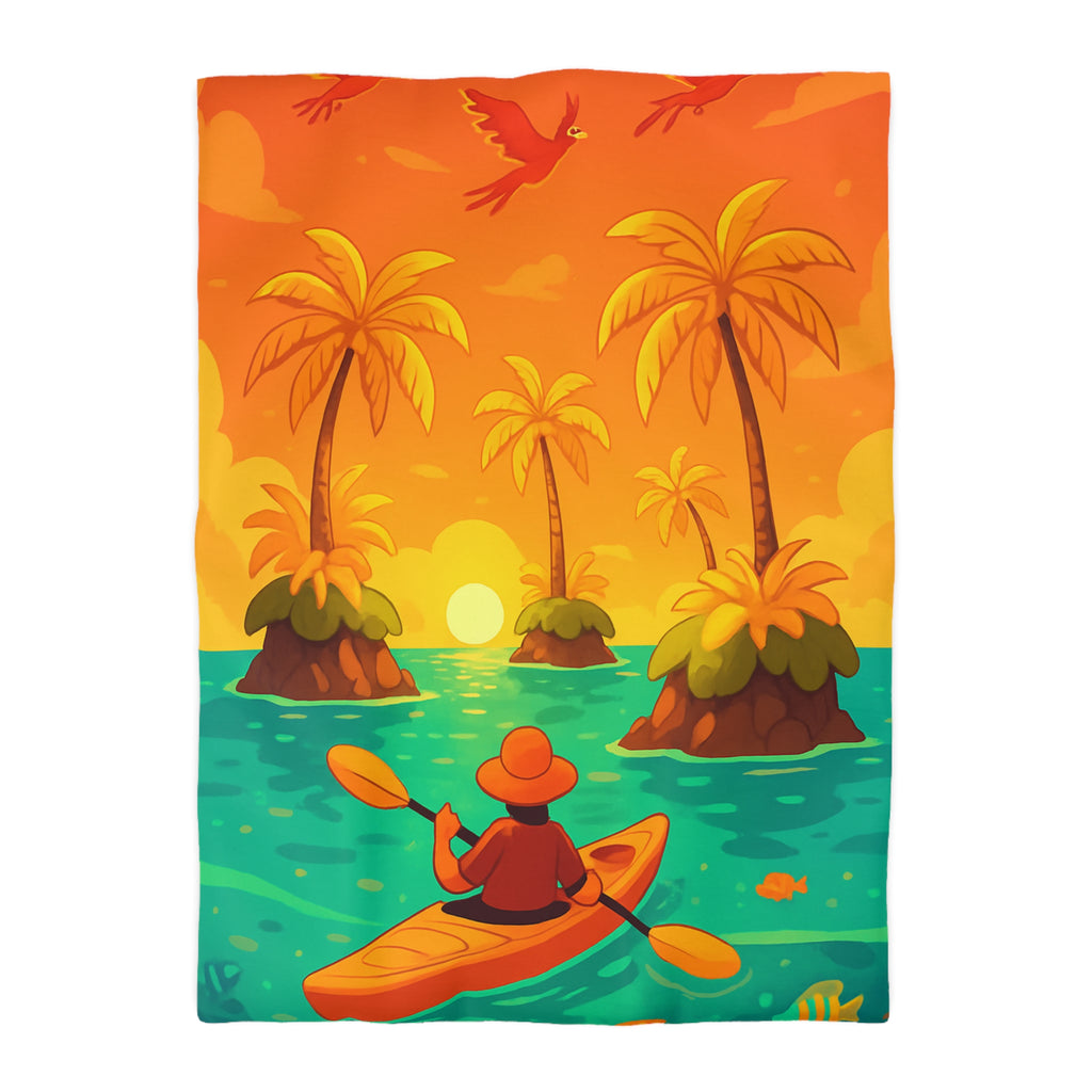 Housse de couette tropicale vibrante avec kayak, palmiers et perroquets au coucher de soleil