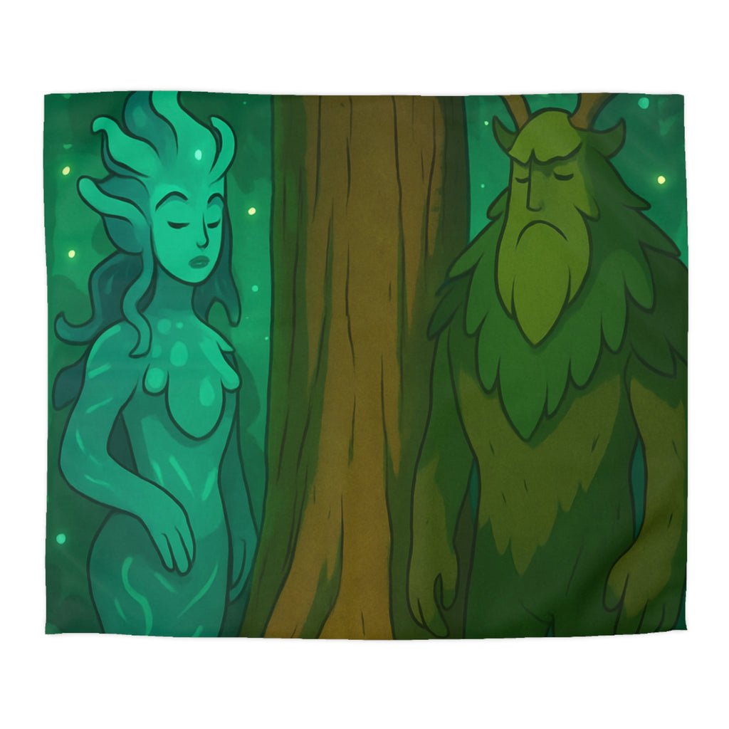 Housse de couette mystique forêt avec figures élémentaires, arbre central et ambiance sereine
