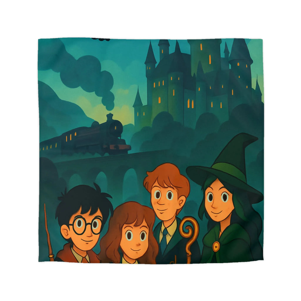 Housse de couette magique avec château et étudiants en sorcellerie dans une forêt enchantée